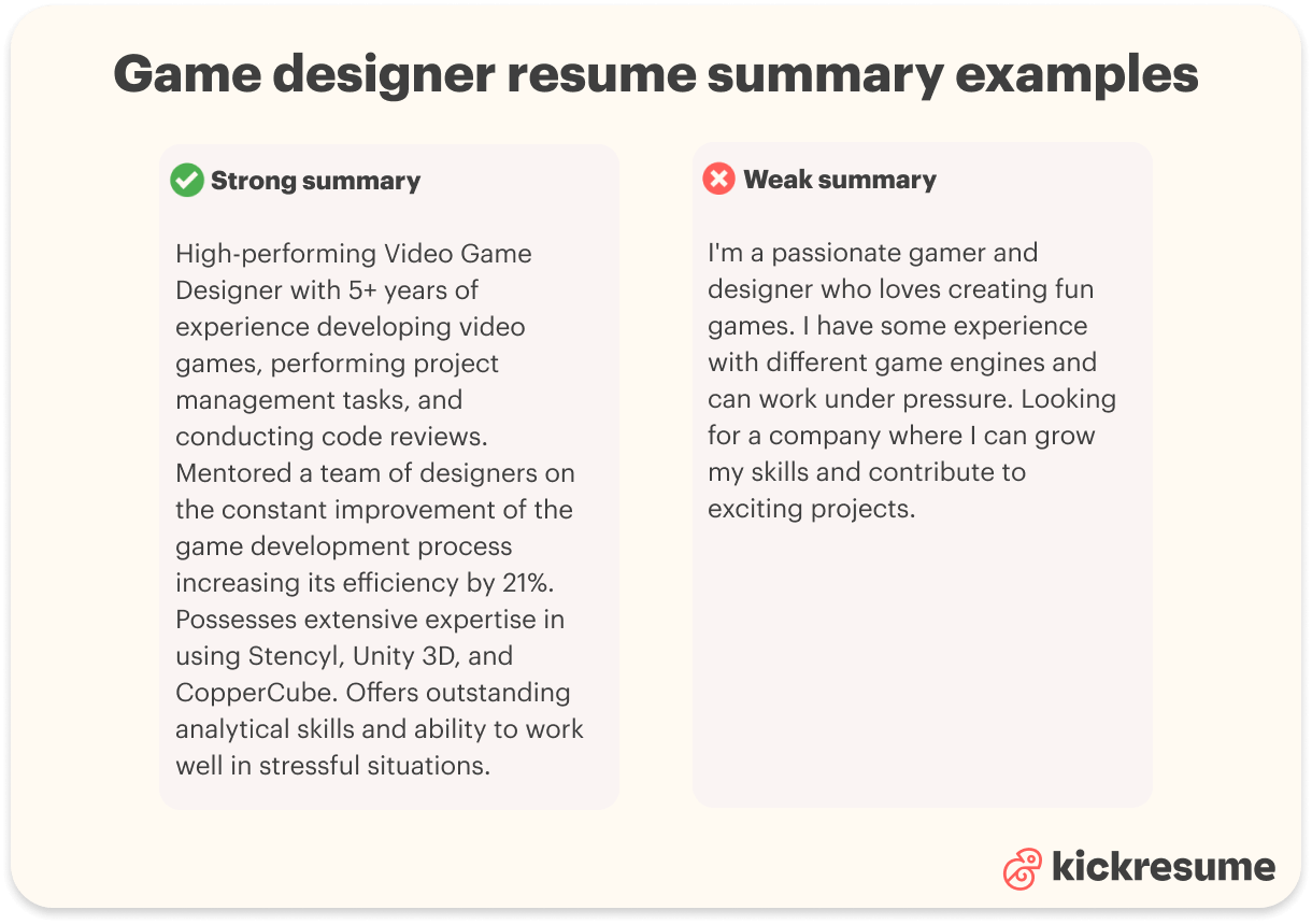 Game designer resume summary examples