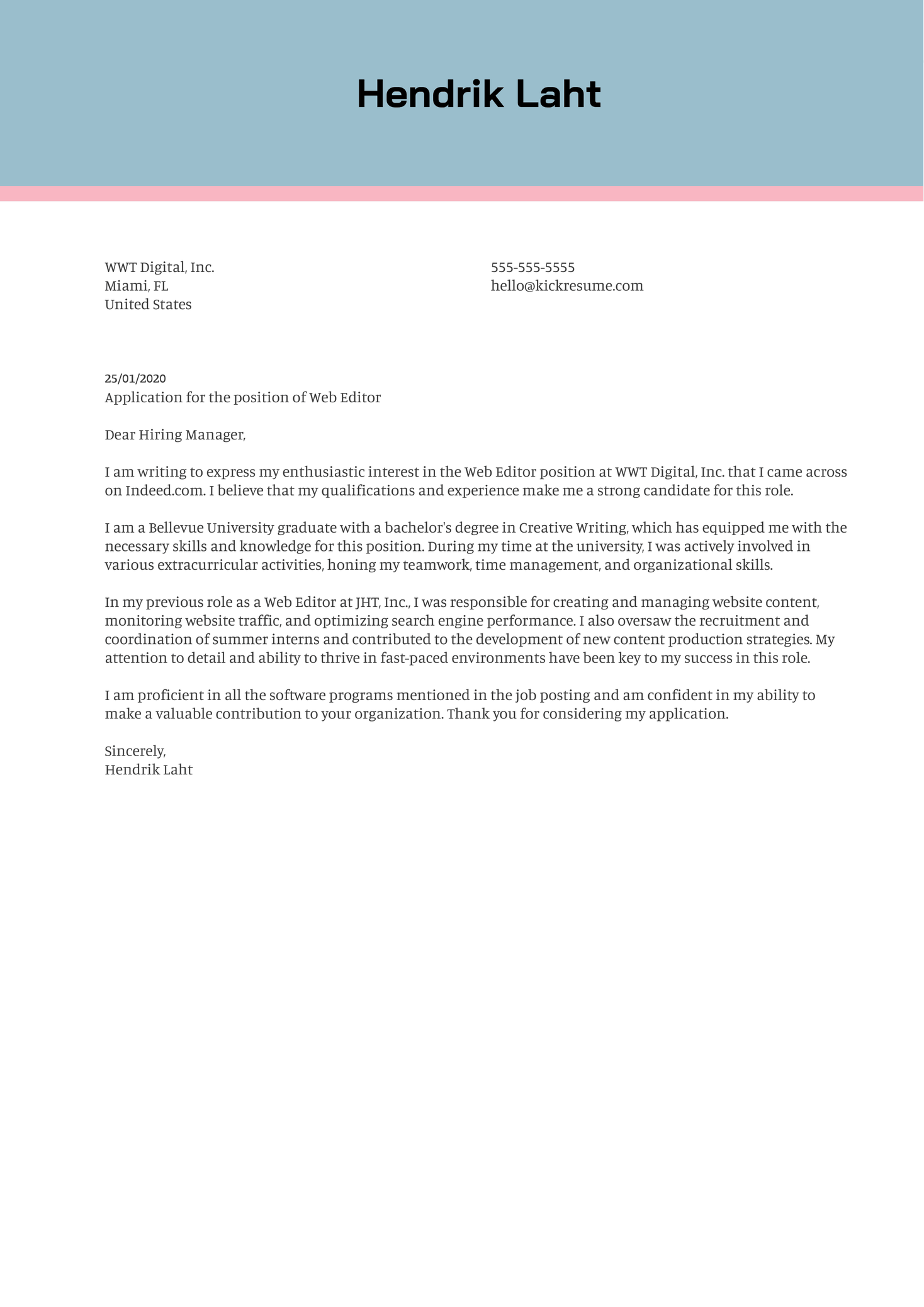 Web Editor Cover Letter Example