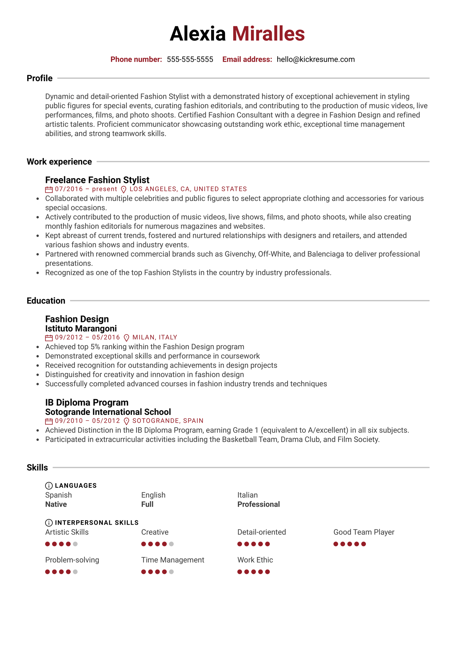 Fashion Stylist Resume Example