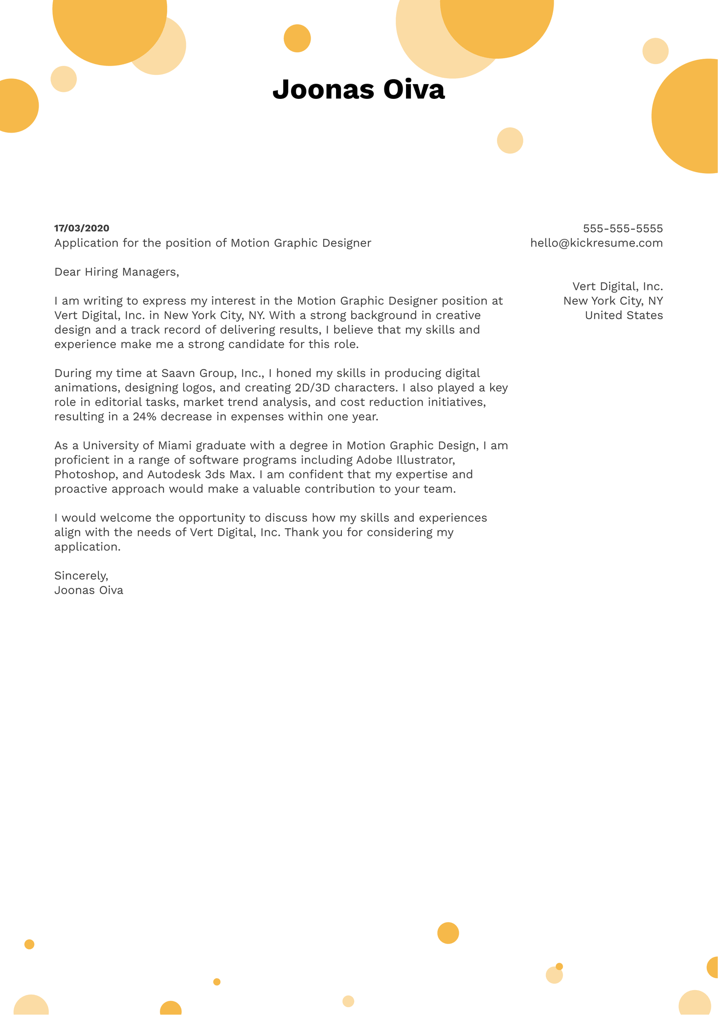 Motion Graphic Designer Cover Letter Template