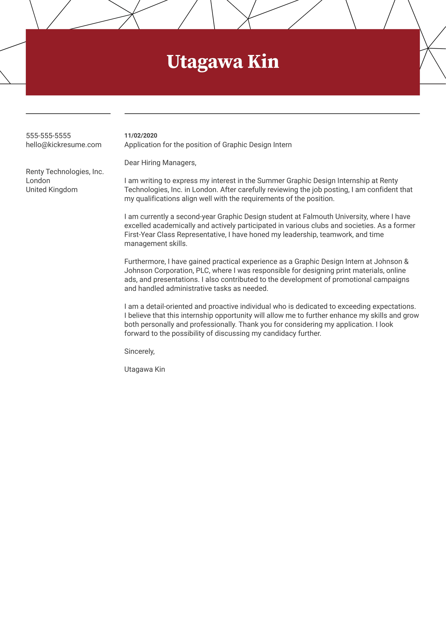 Graphic Design Internship Cover Letter Example