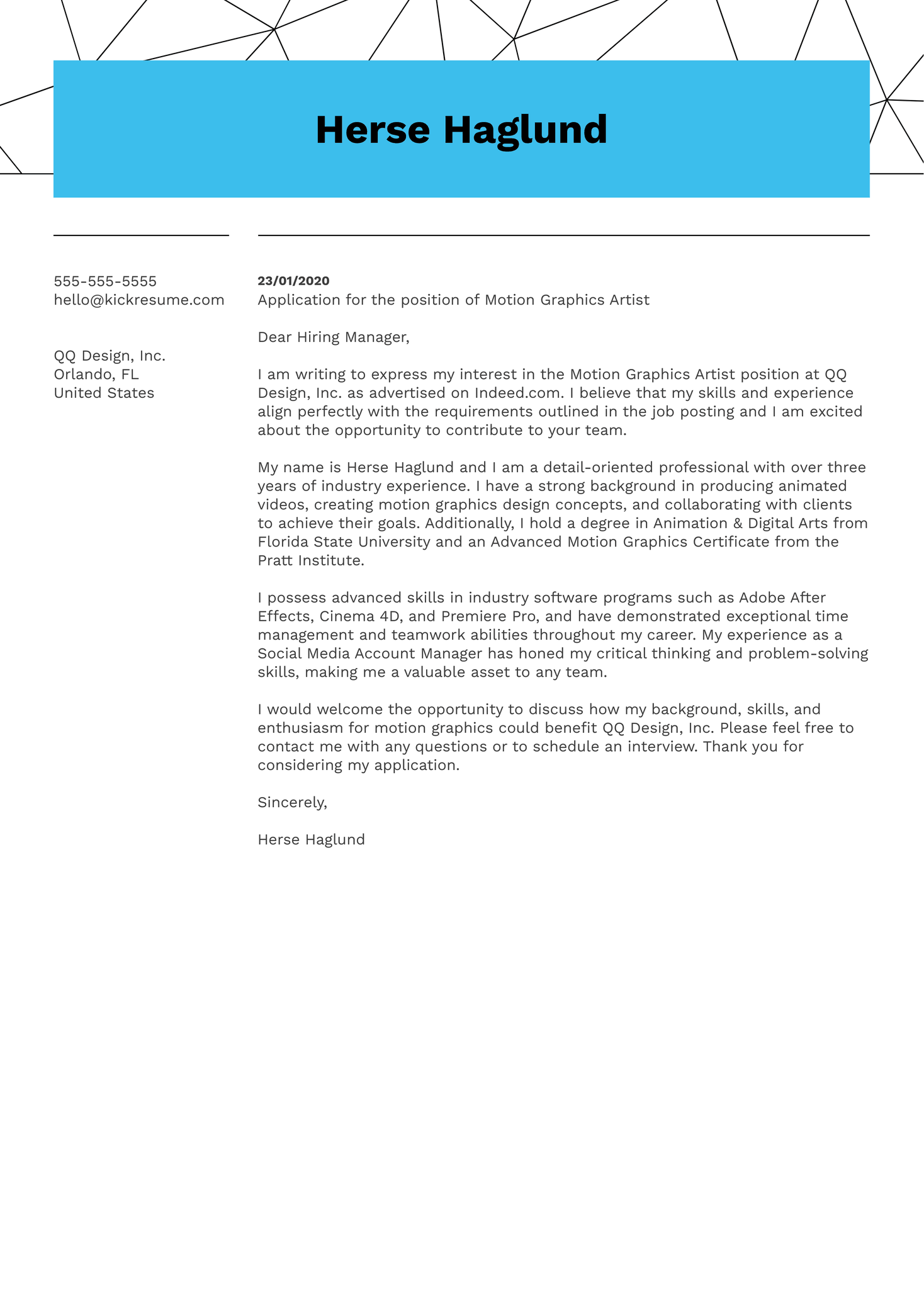 Motion Graphics Artist Cover Letter Example