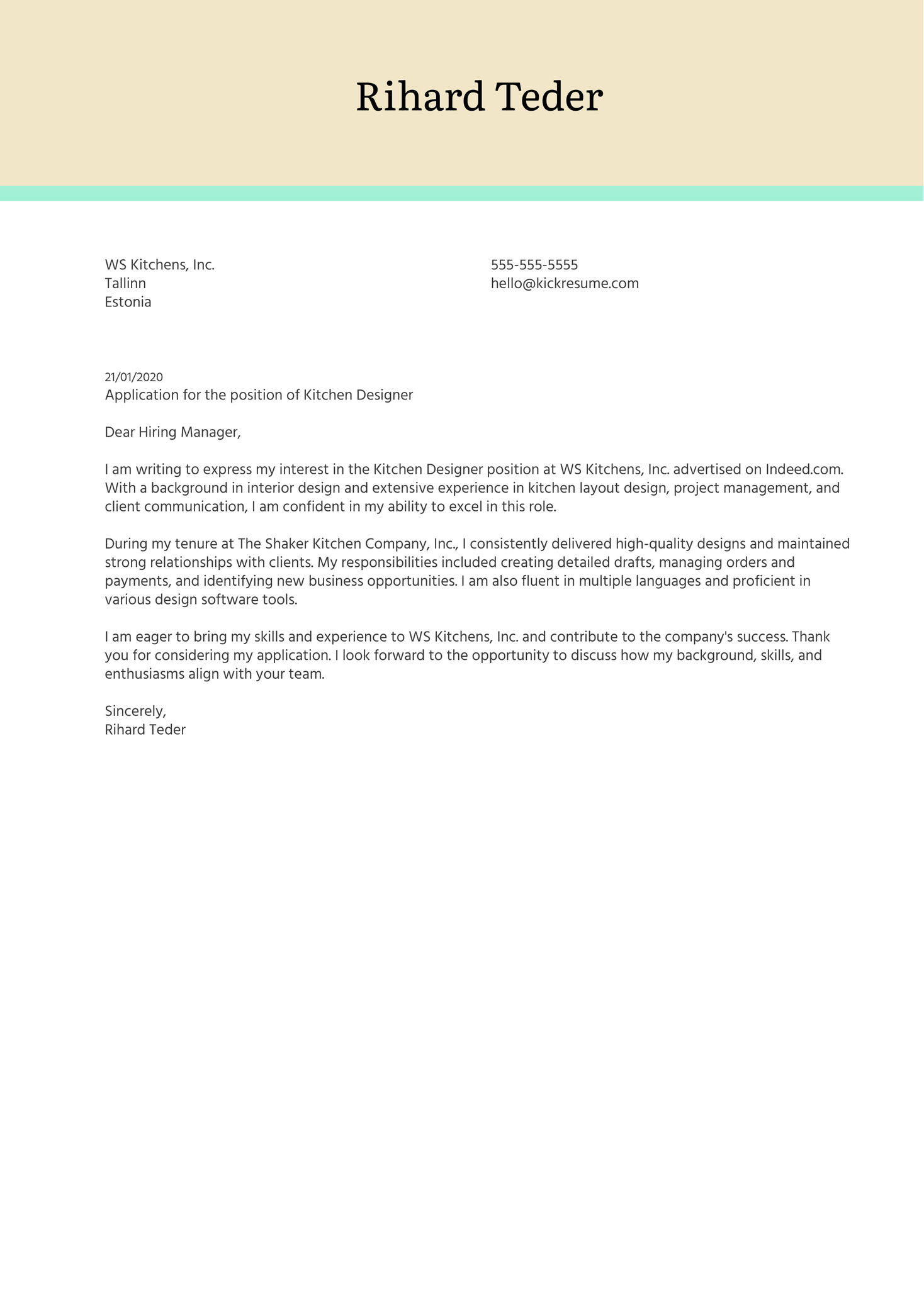 Kitchen Designer Cover Letter Example