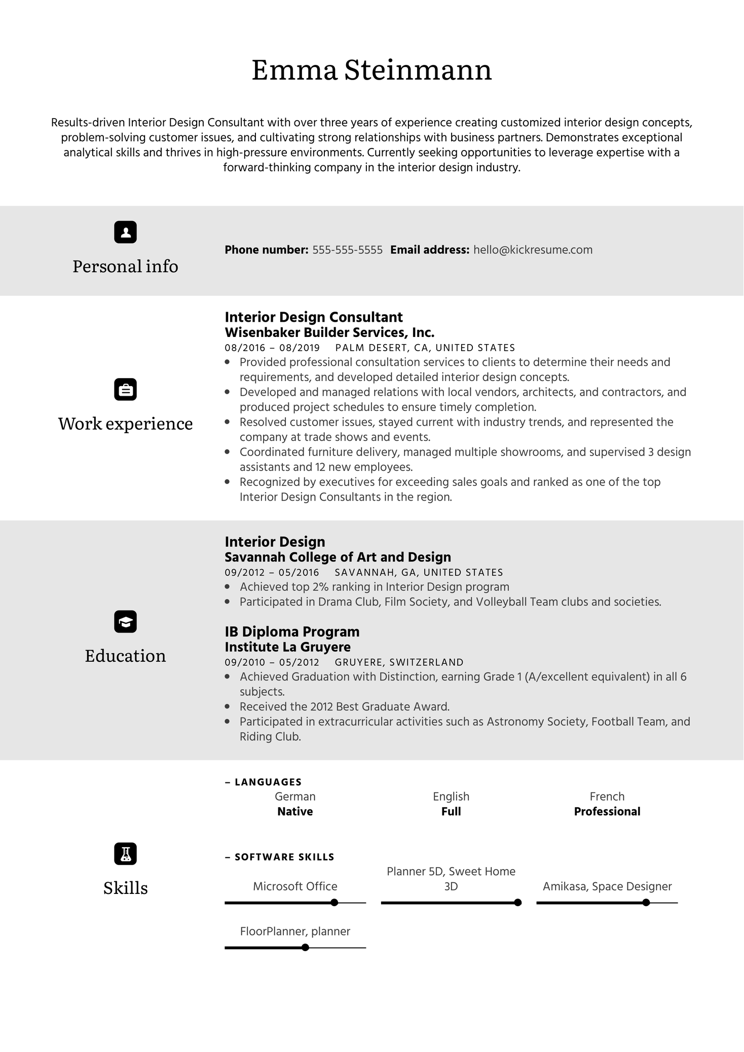 Interior Design Consultant Resume Sample