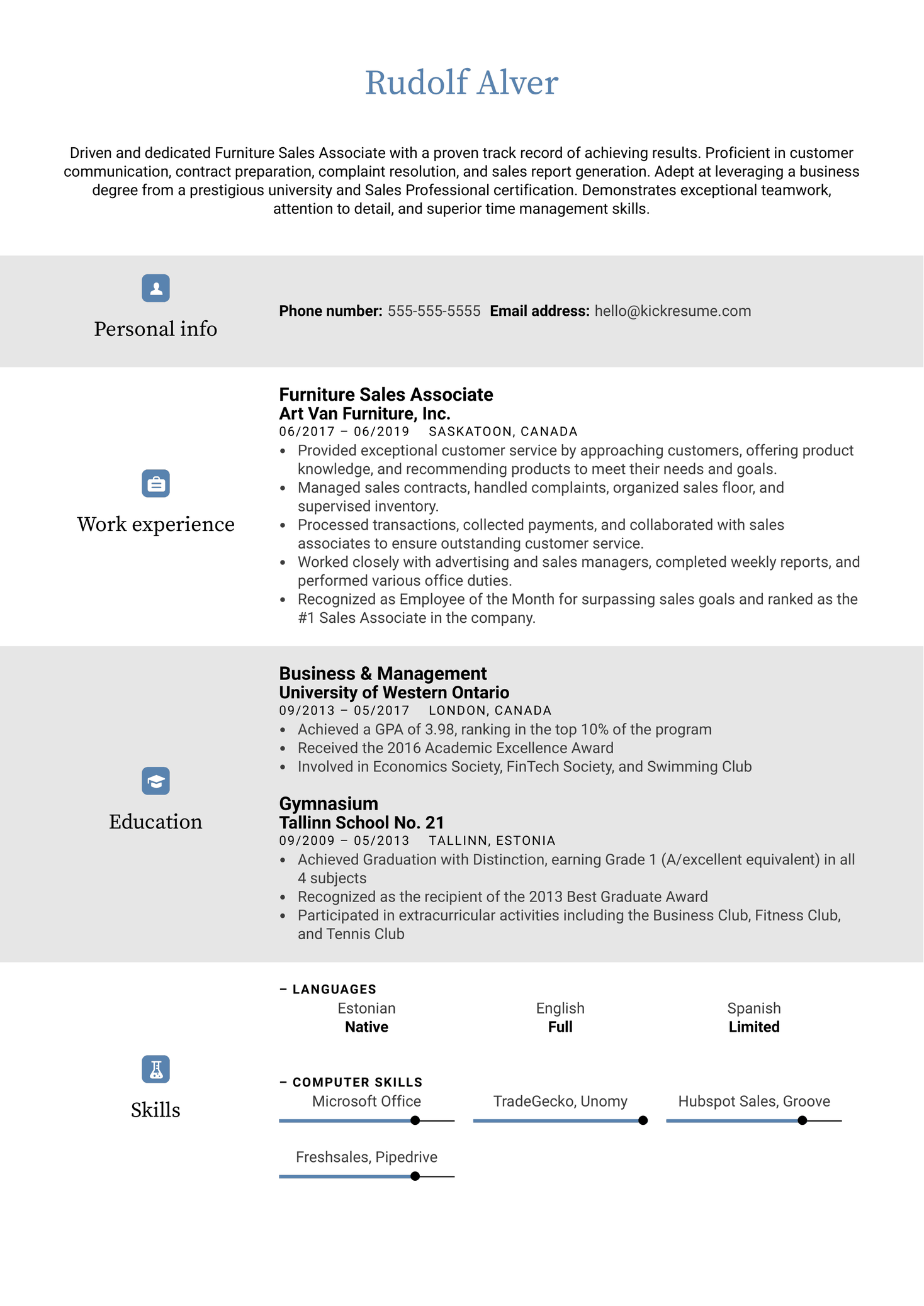 Furniture Sales Associate Resume Sample