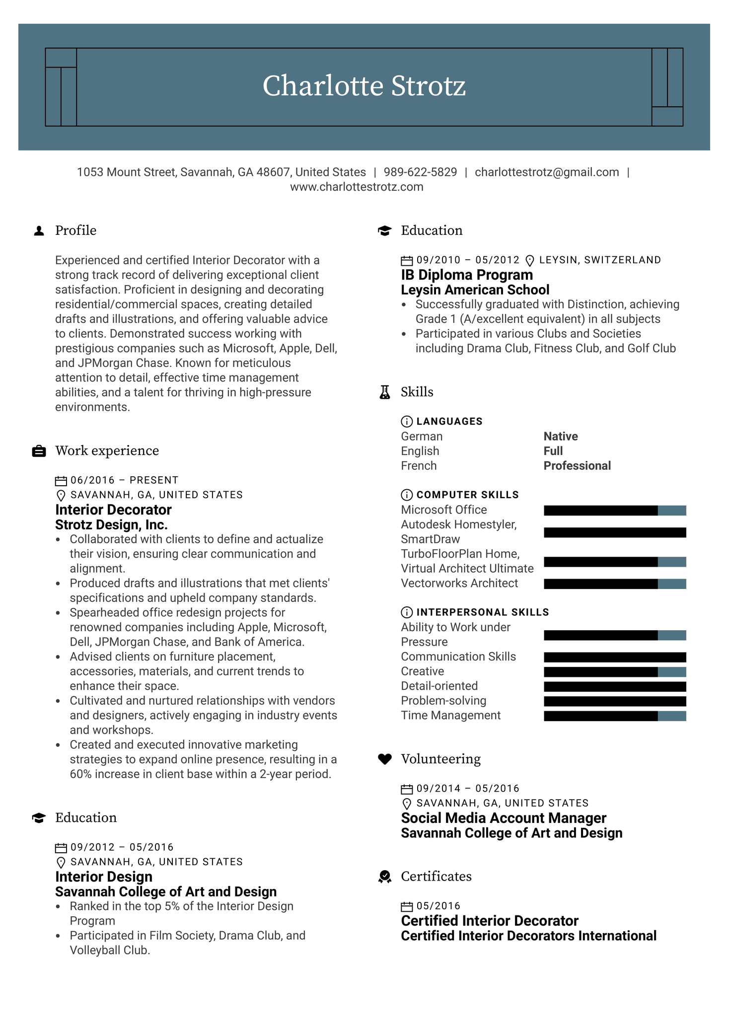 Interior Decorator Resume Example