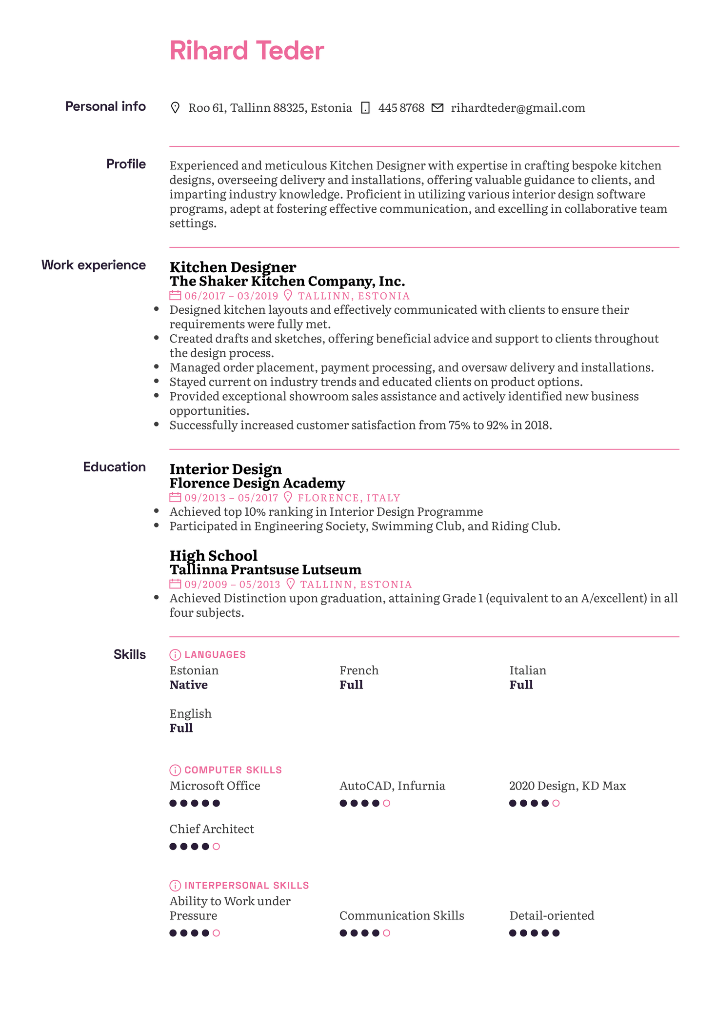 Kitchen Designer Resume Sample