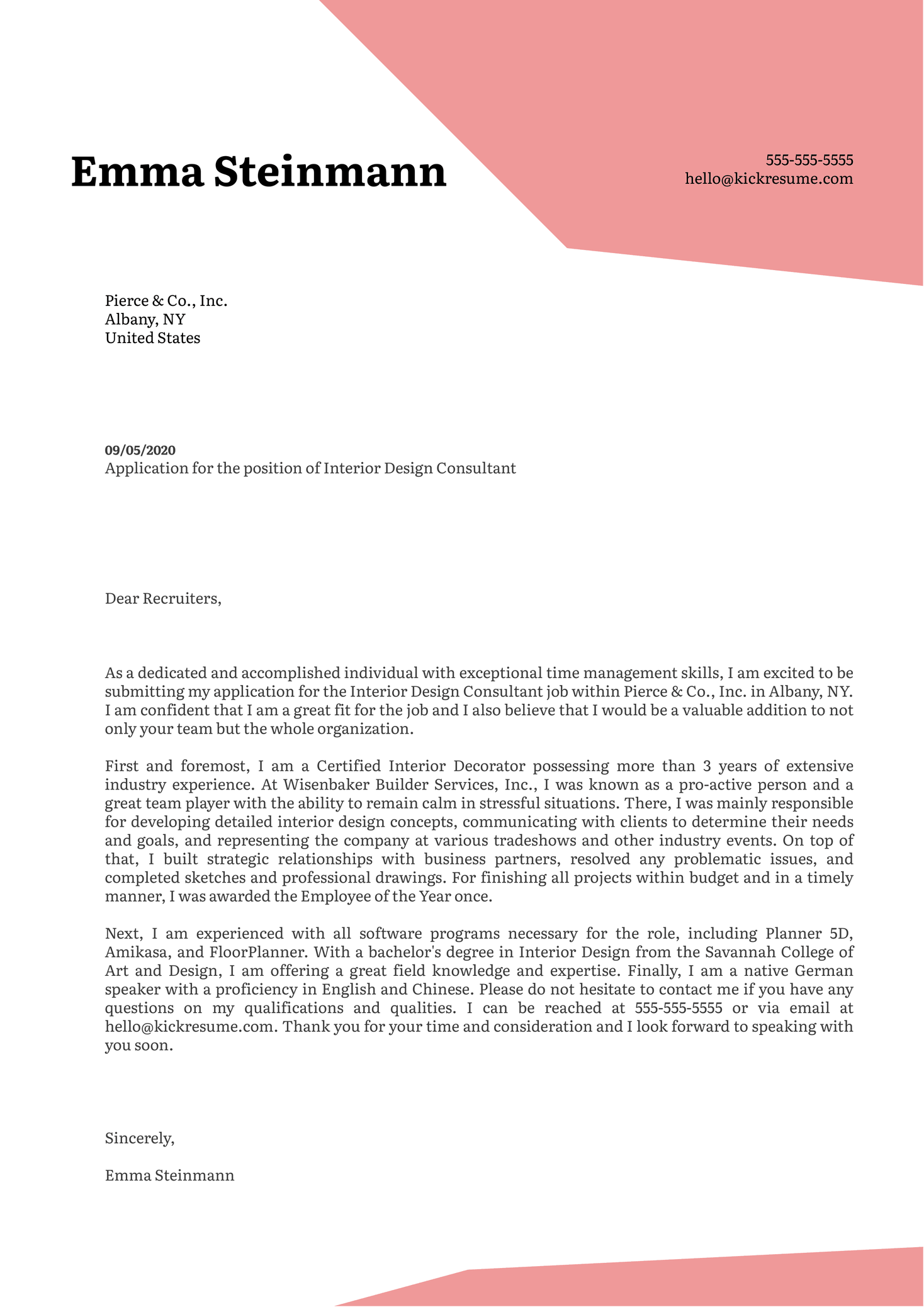 Interior Design Consultant Cover Letter Example