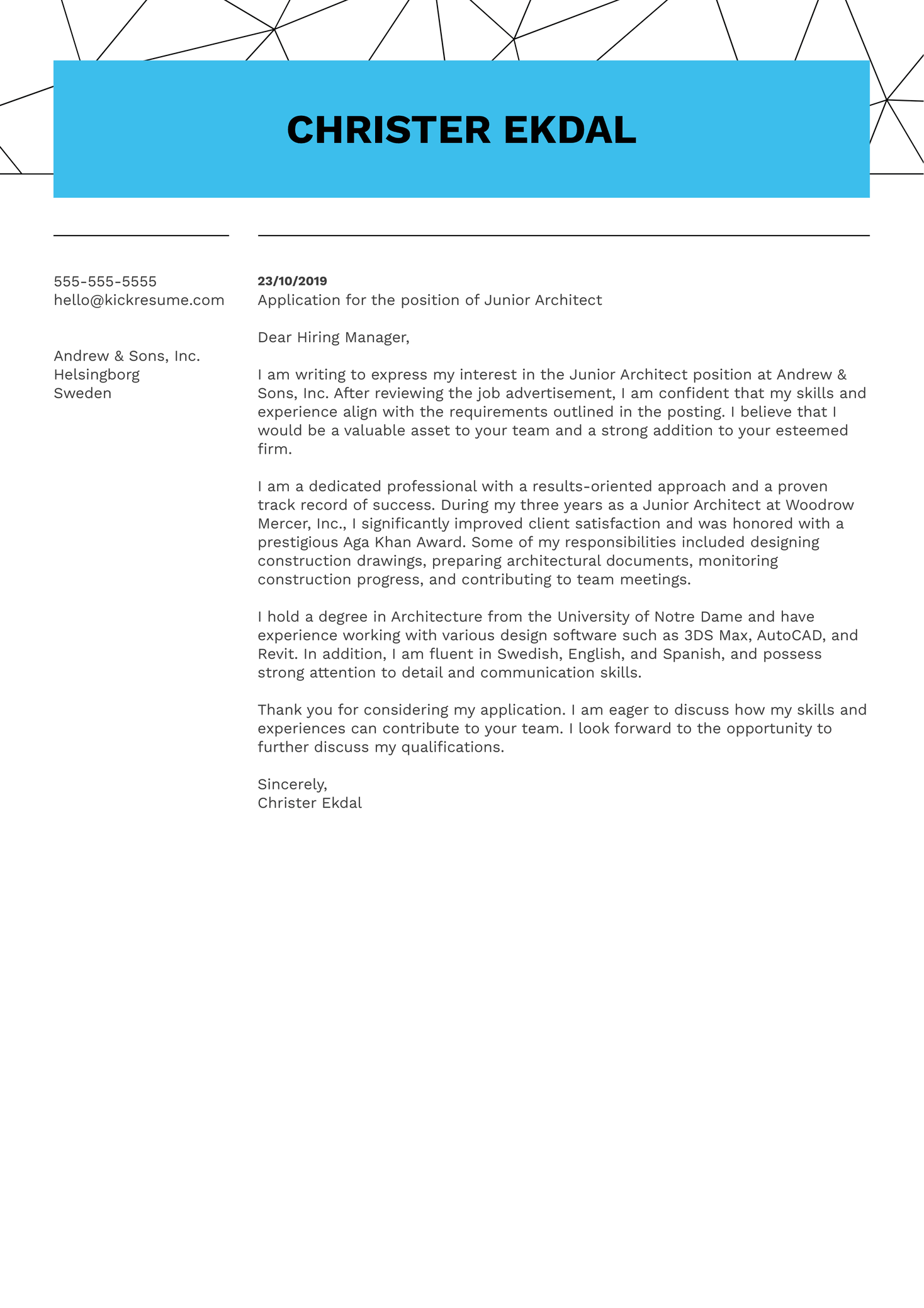 Junior Architect Cover Letter Sample