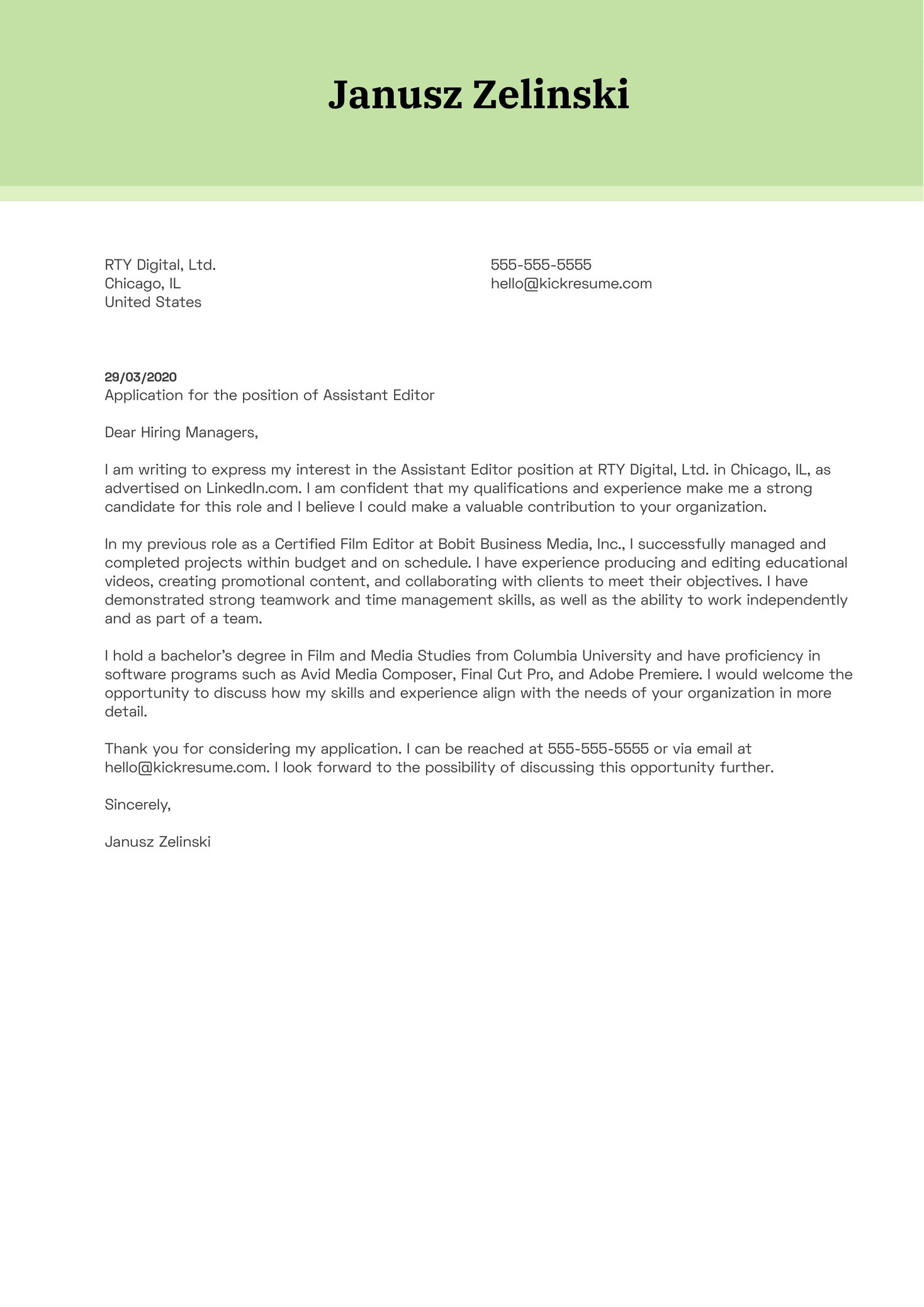 Assistant Editor Cover Letter Example