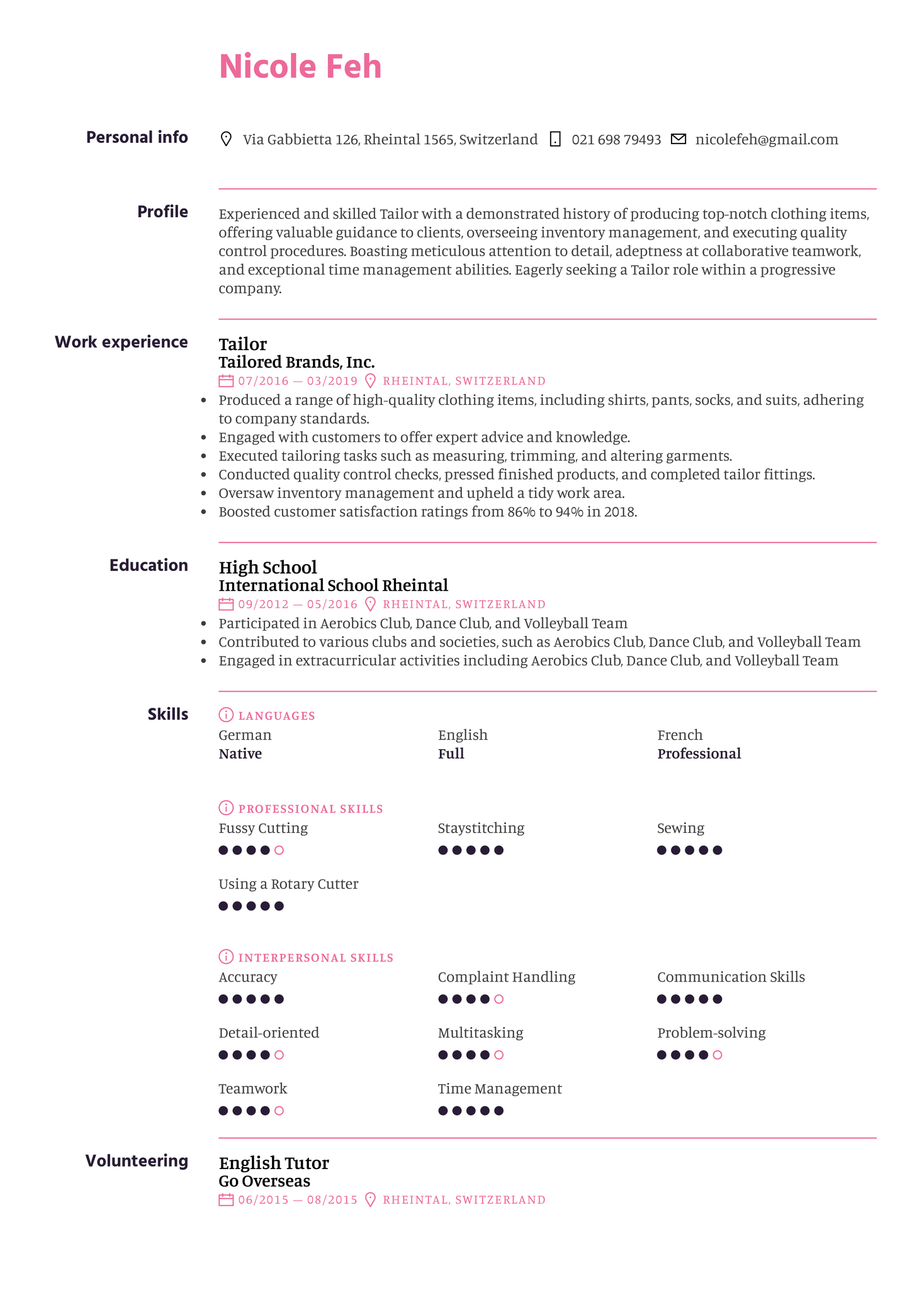 Tailor Resume Sample