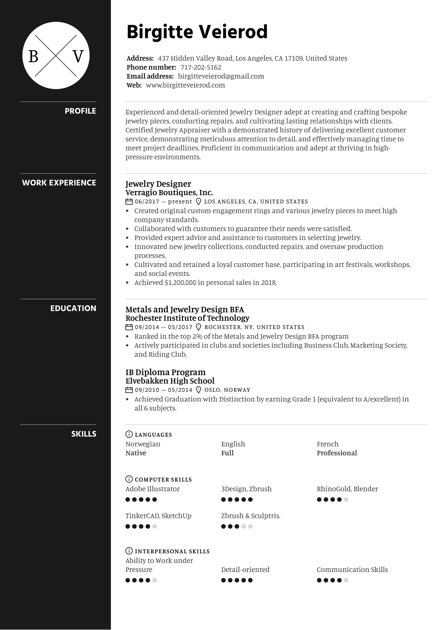 Jewelry Designer Resume Sample