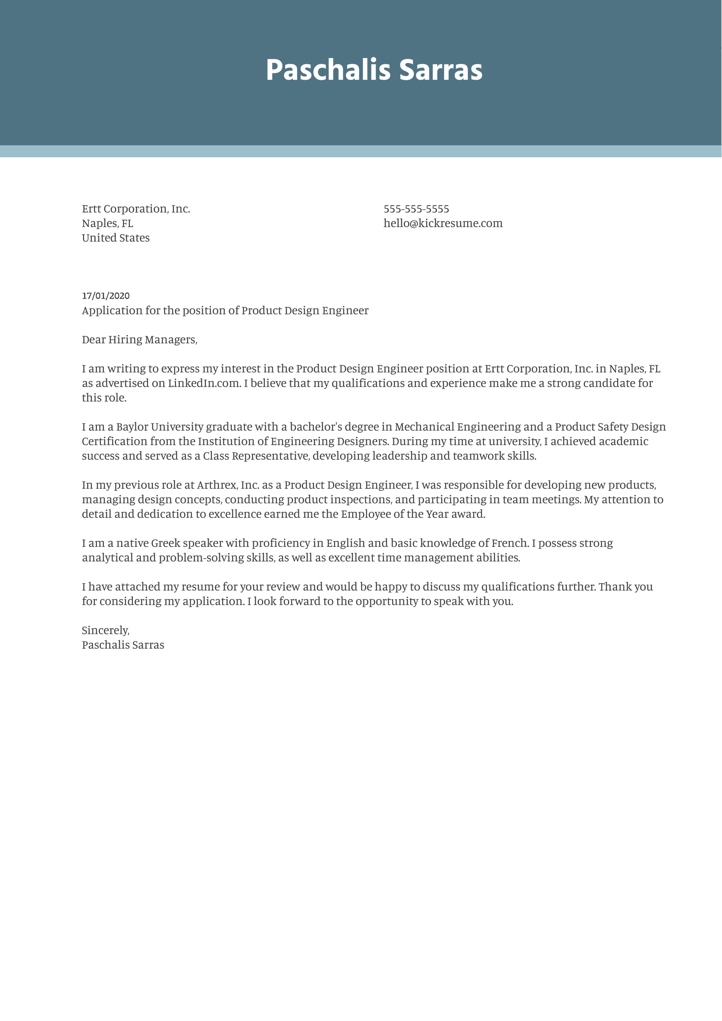 Product Design Engineer Cover Letter Example