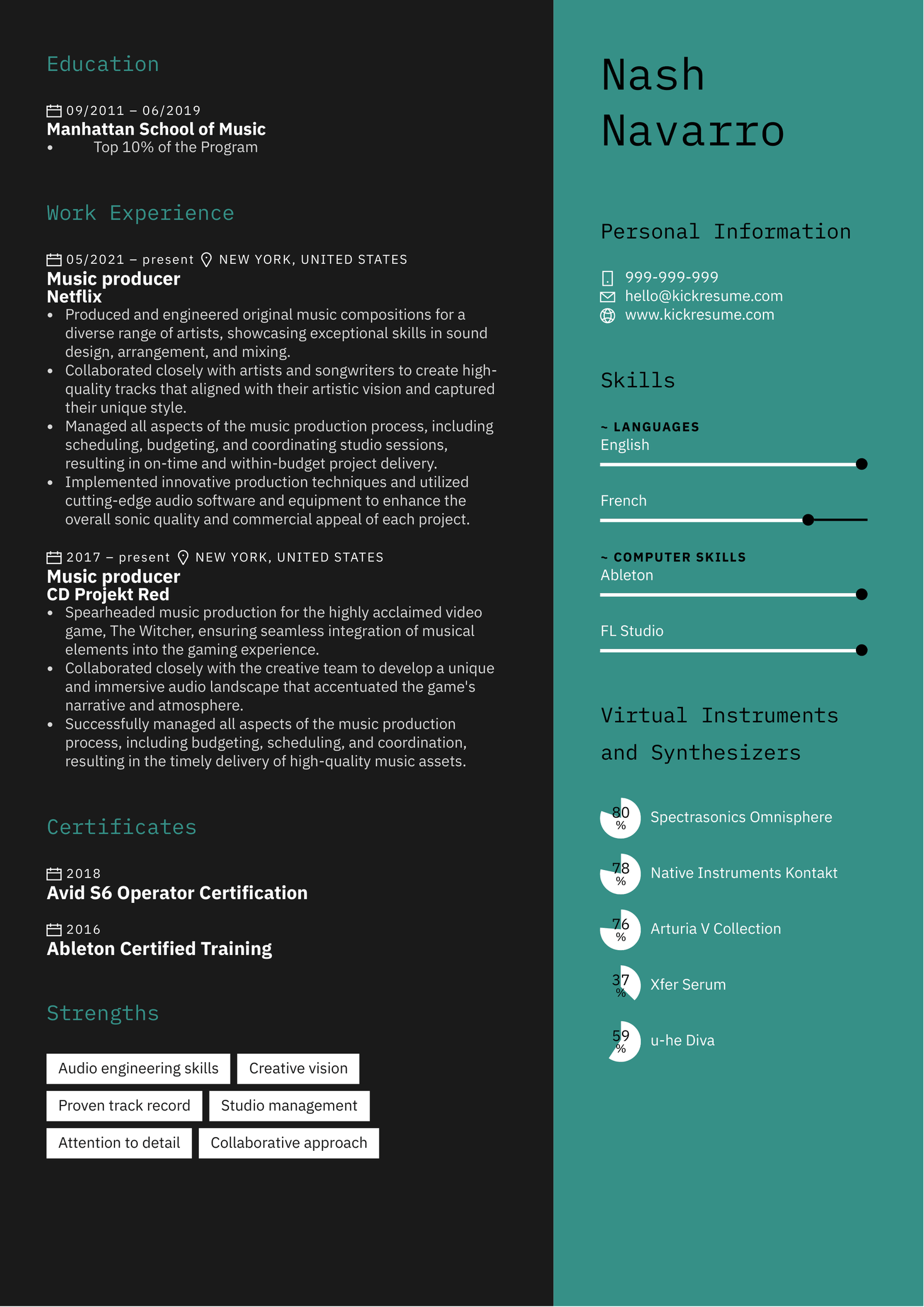 Music Producer Resume Sample