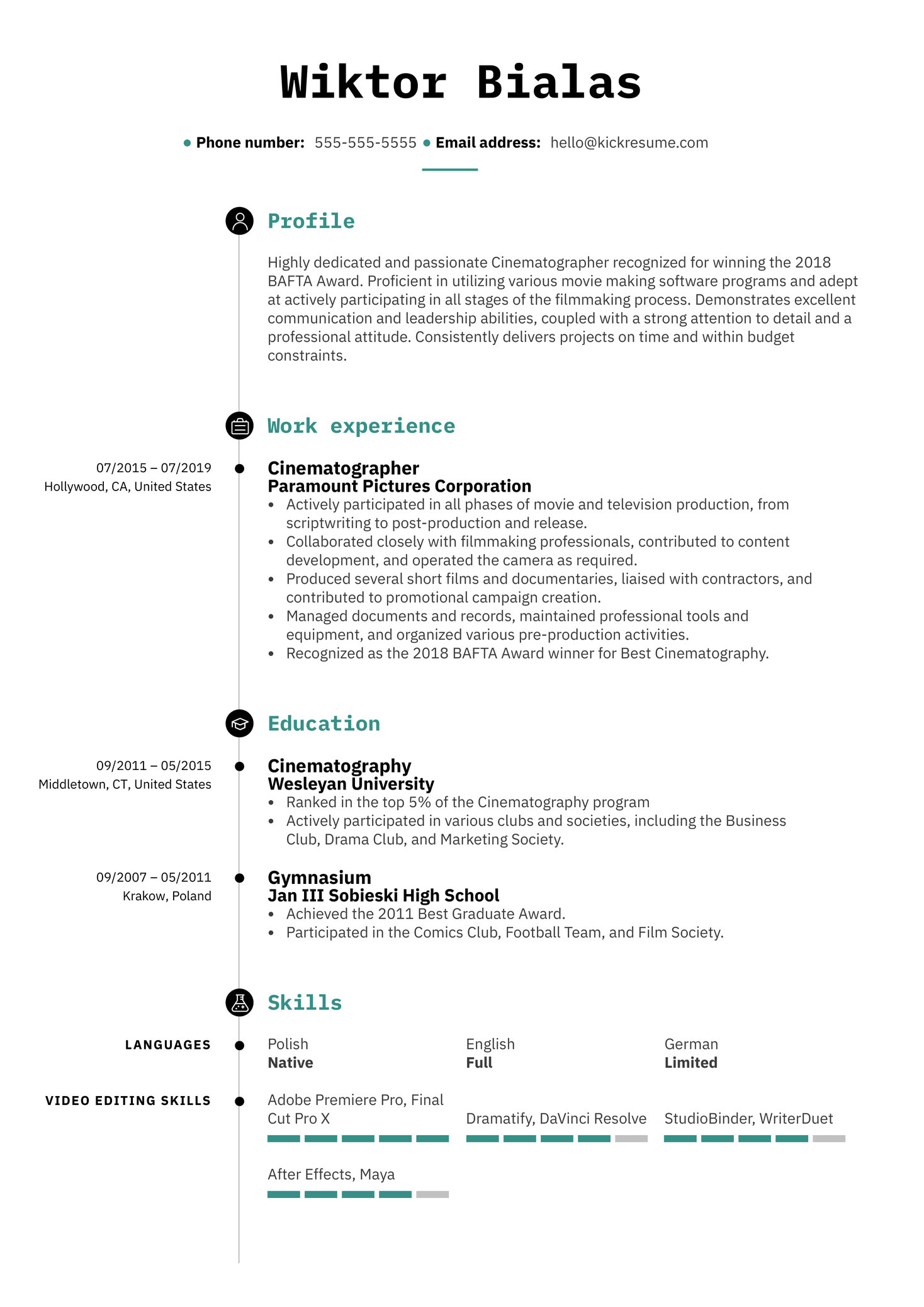 Cinematographer Resume Template