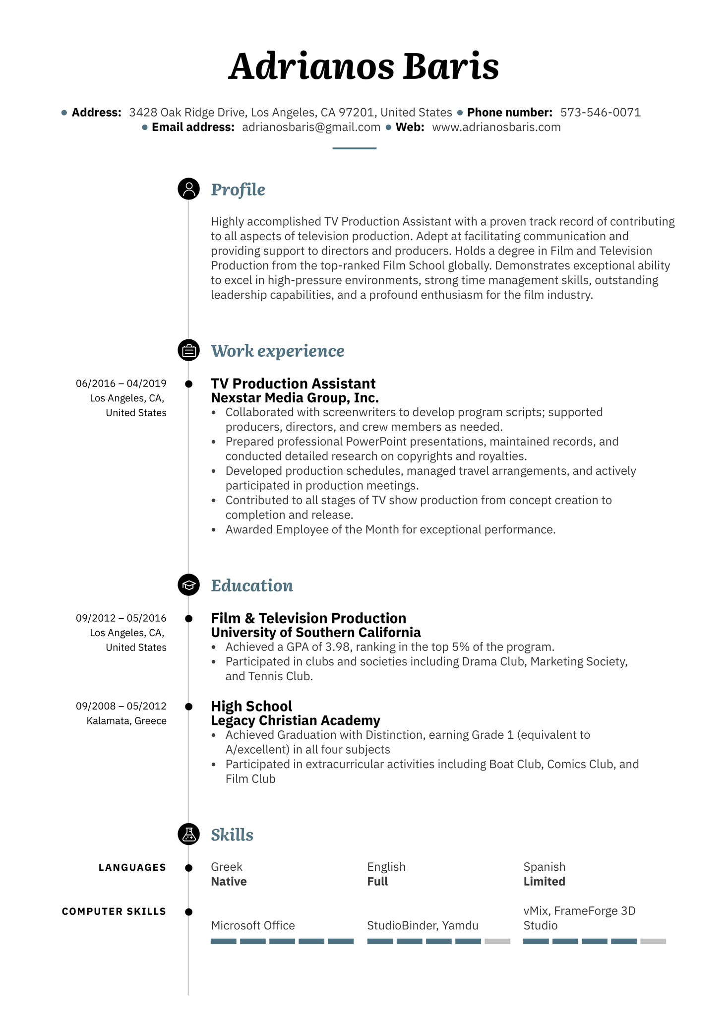 TV Production Assistant Resume Example