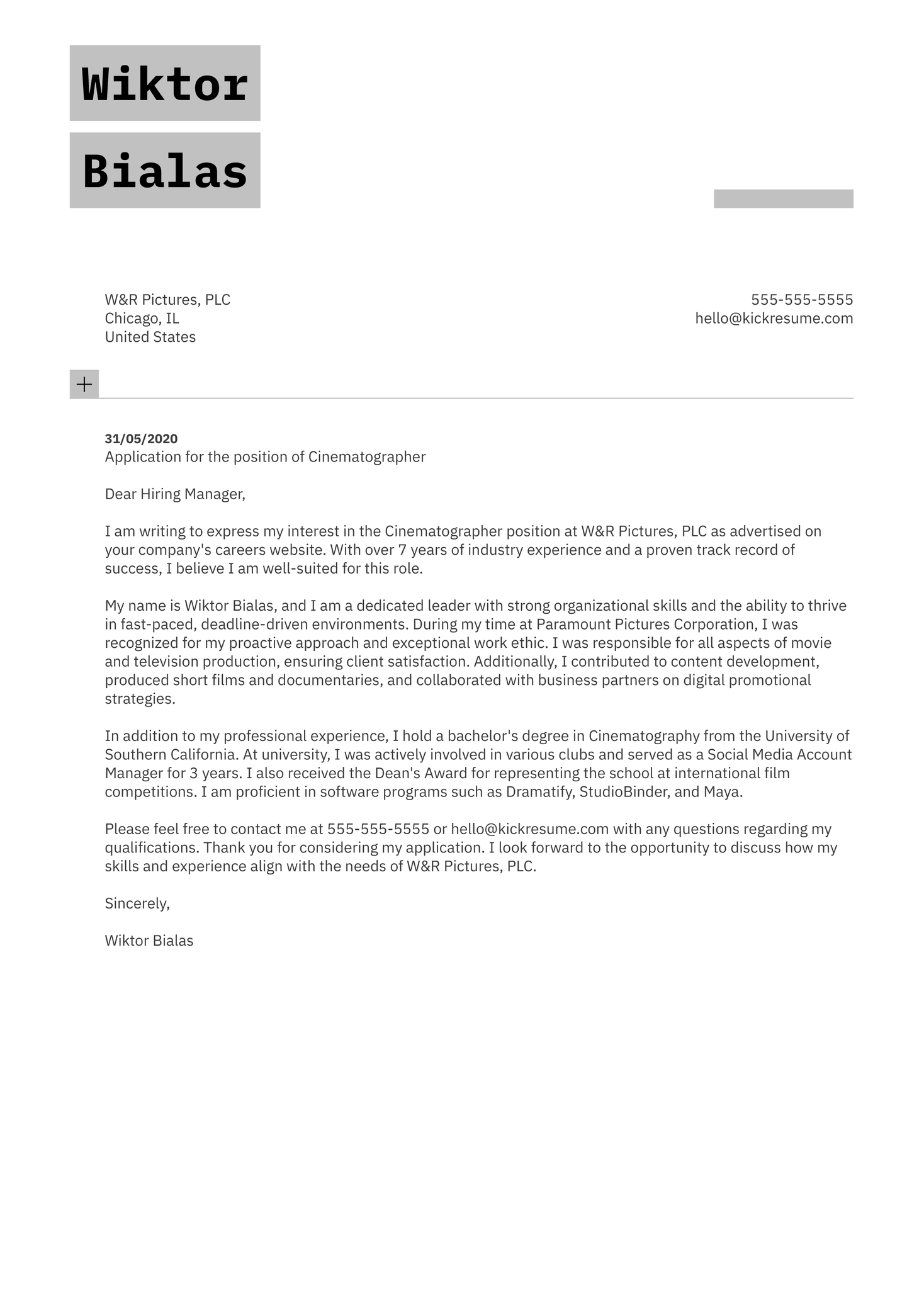 Cinematographer Cover Letter Example