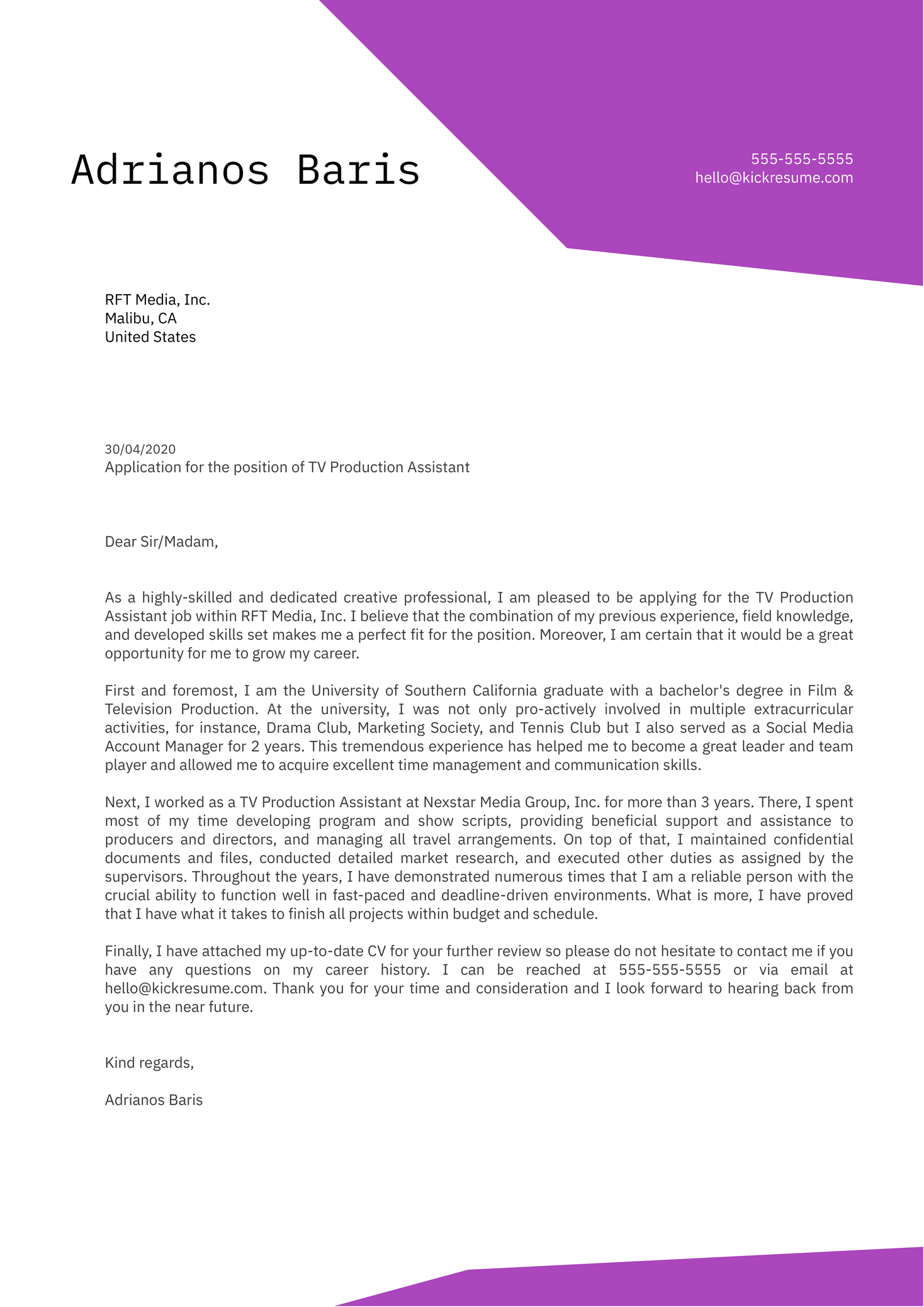 TV Production Assistant Cover Letter Sample