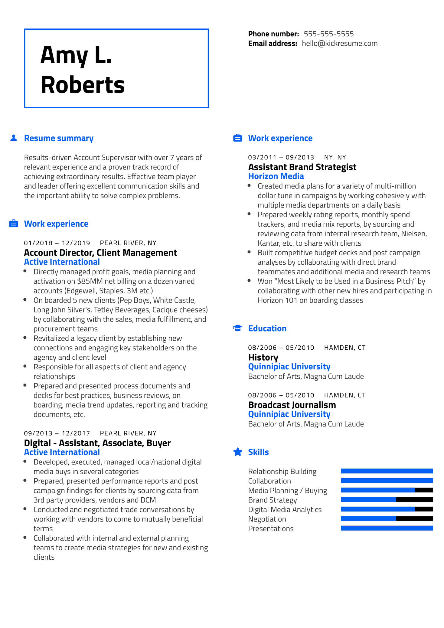 Account Supervisor at Marketsmith	Resume Sample