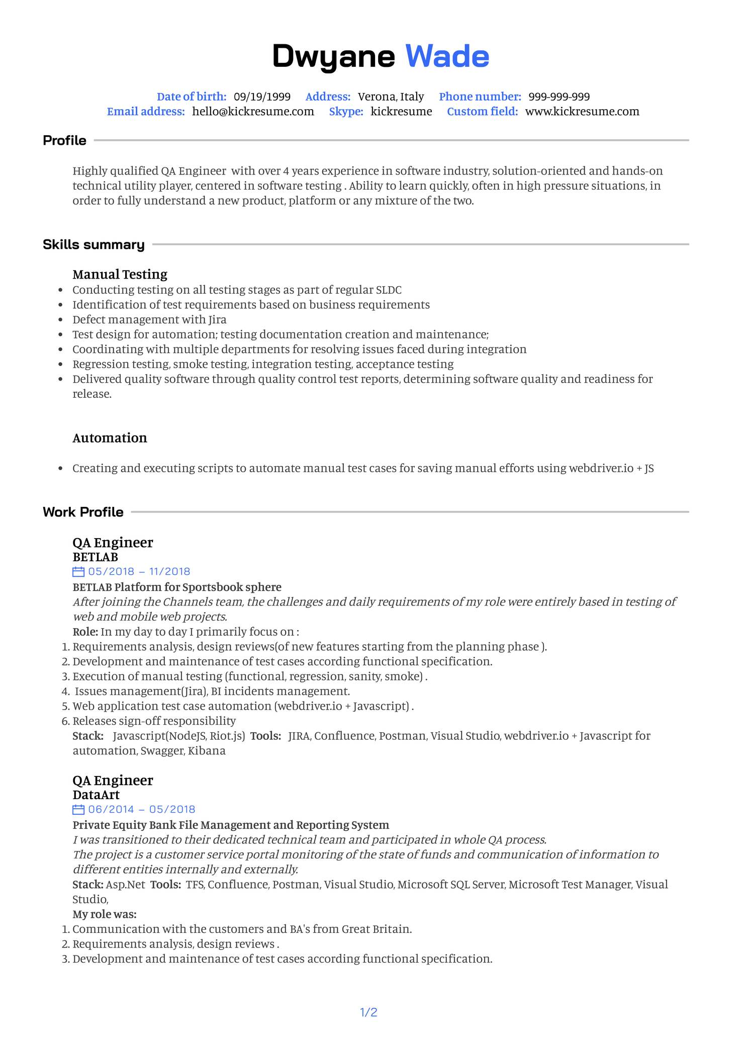 Quality Assurance Engineer Resume Example