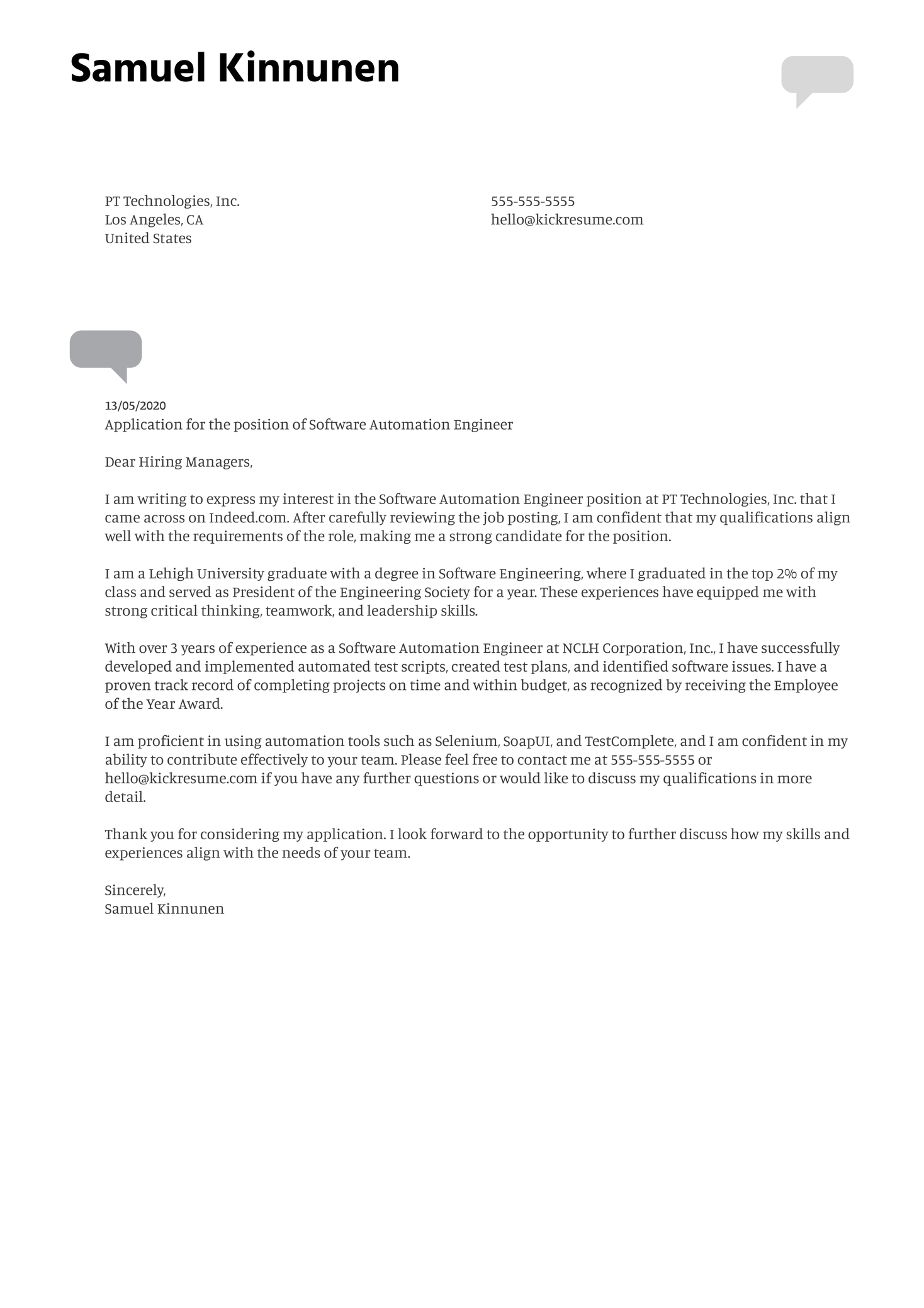 Software Automation Engineer Cover Letter Example