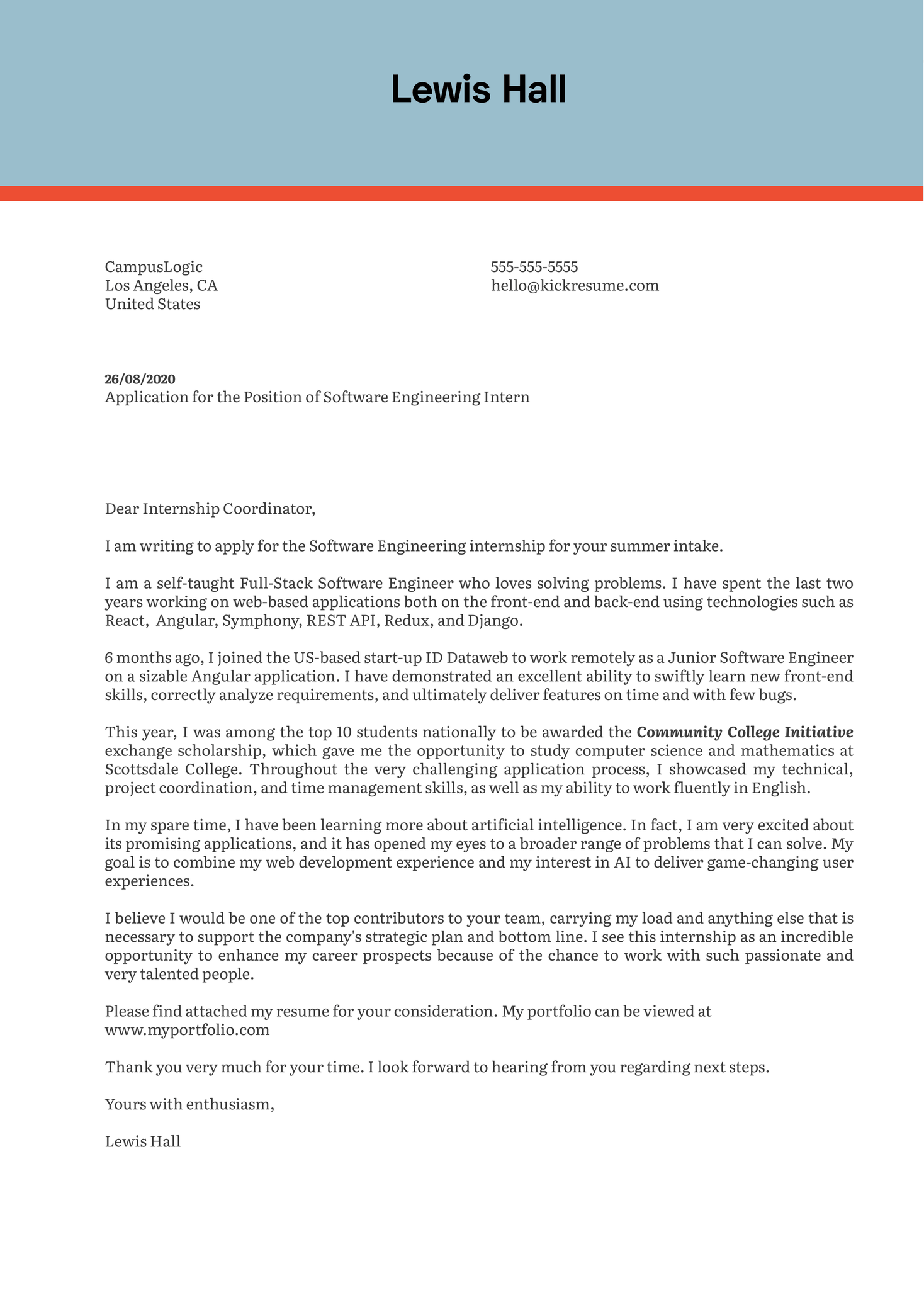 Software Engineering Intern Cover Letter Example