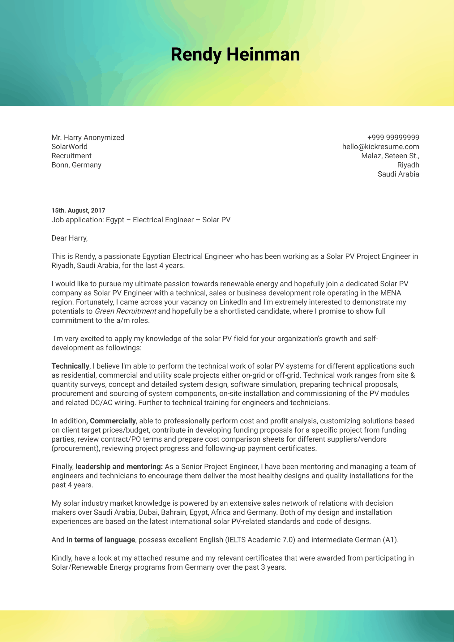 Business Development Engineer Cover Letter Sample