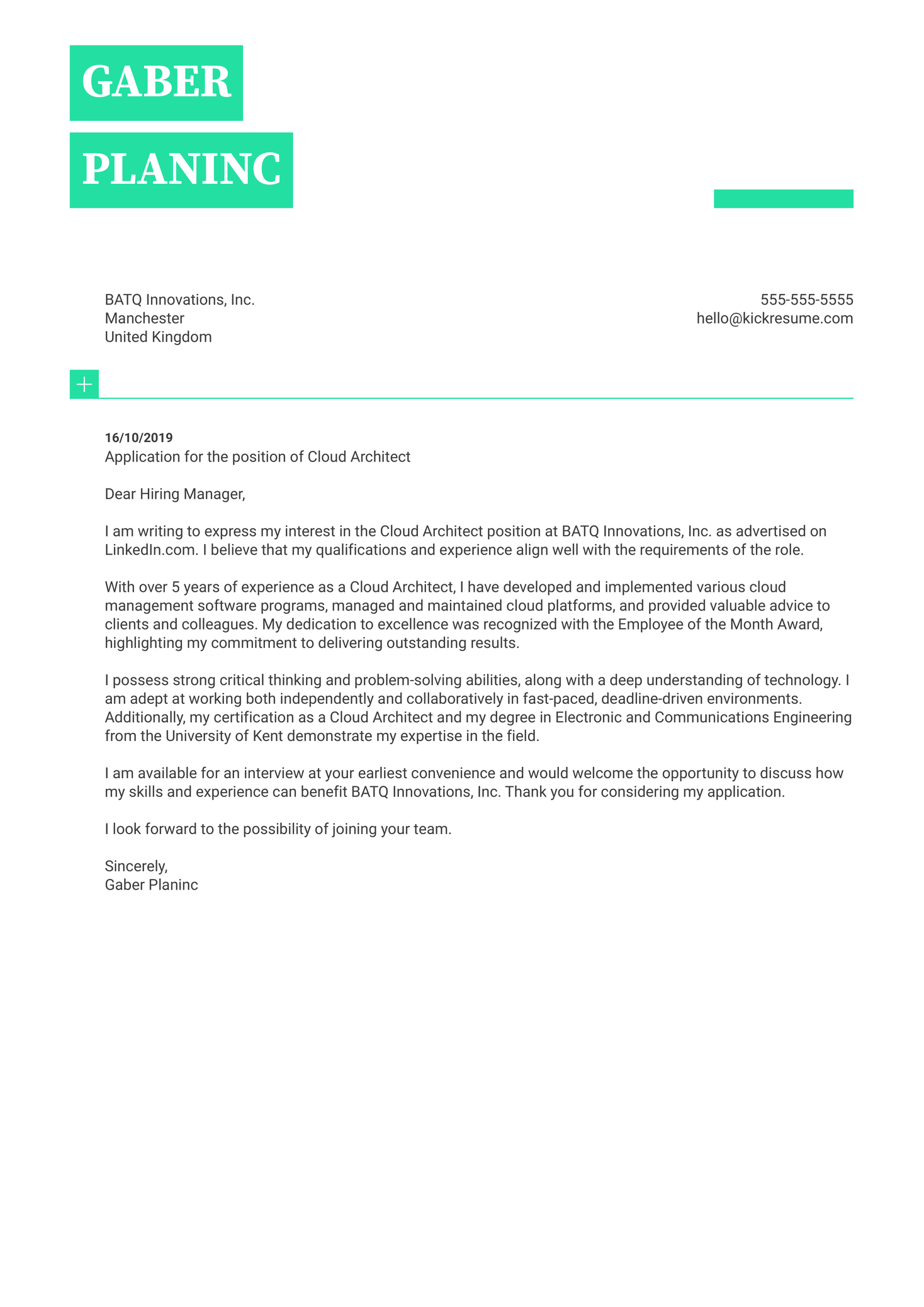 Cloud Architect Cover Letter Template