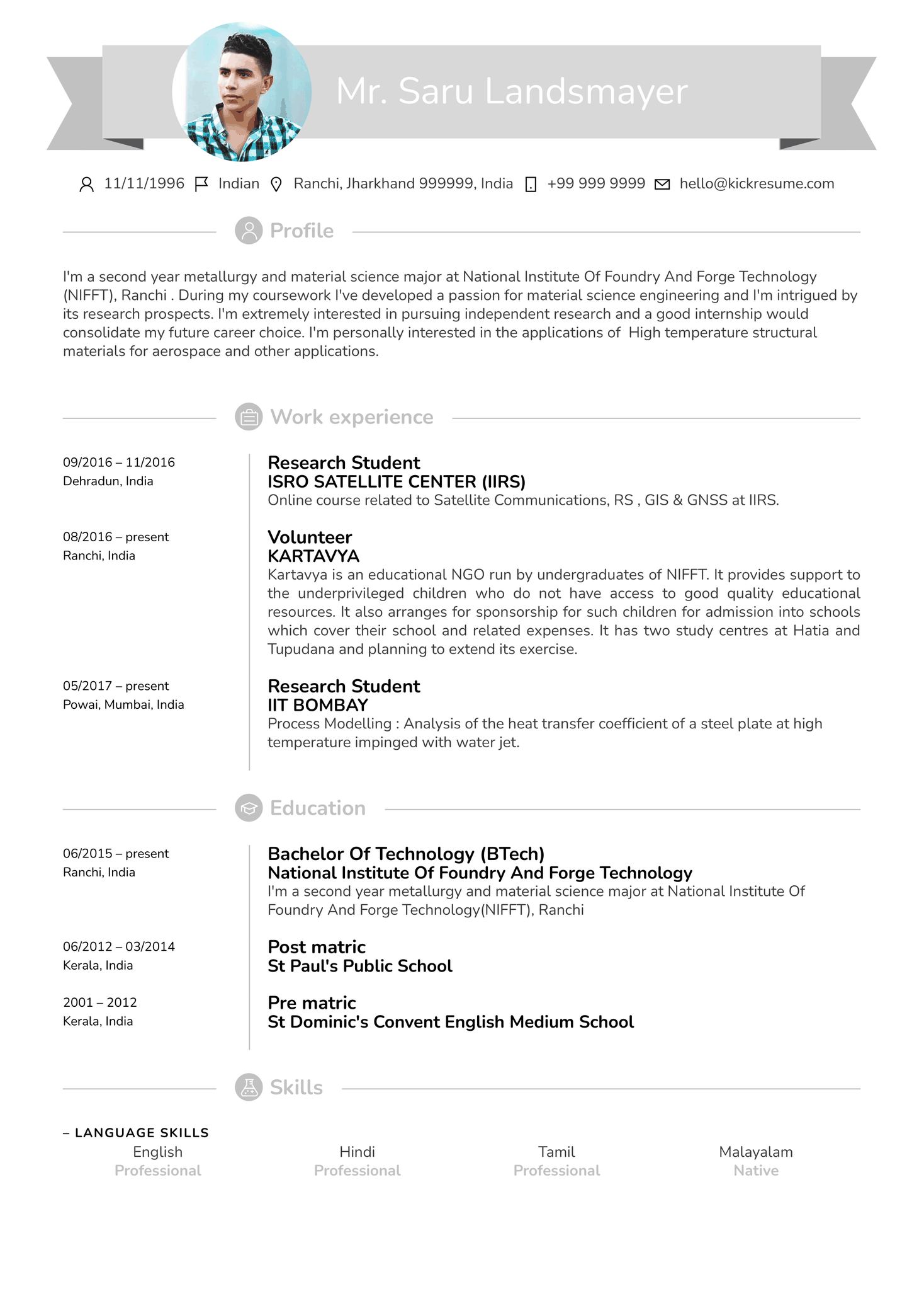 Research Intern Resume Sample