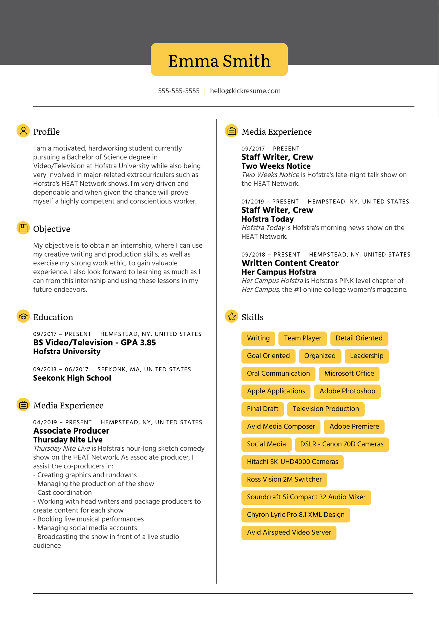 Intern at NBC Resume Sample