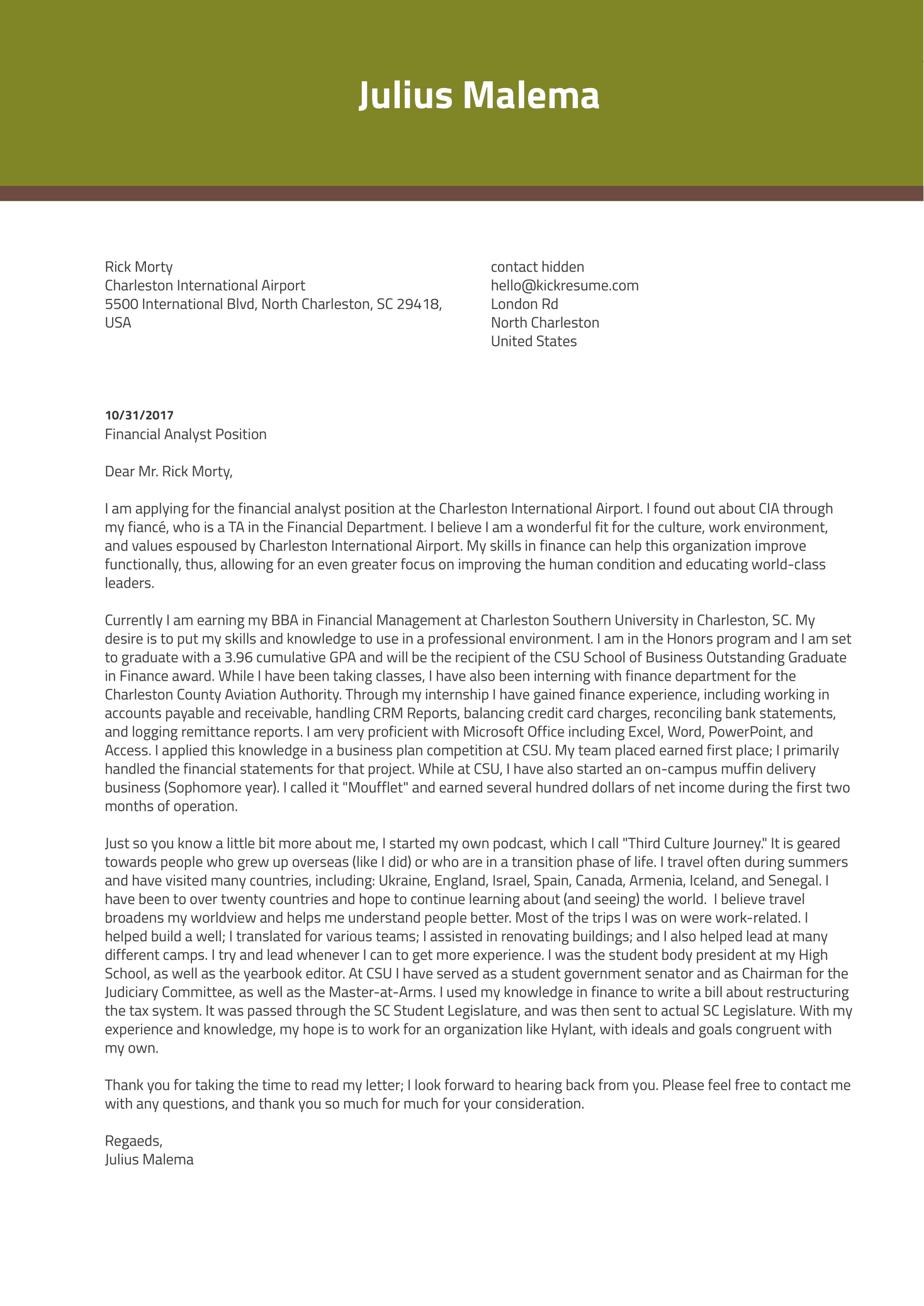 Finance Intern Cover Letter Example