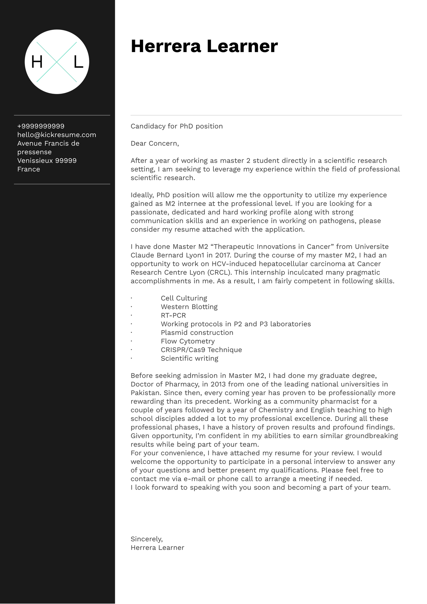 Lyon University PhD Student Cover Letter Sample