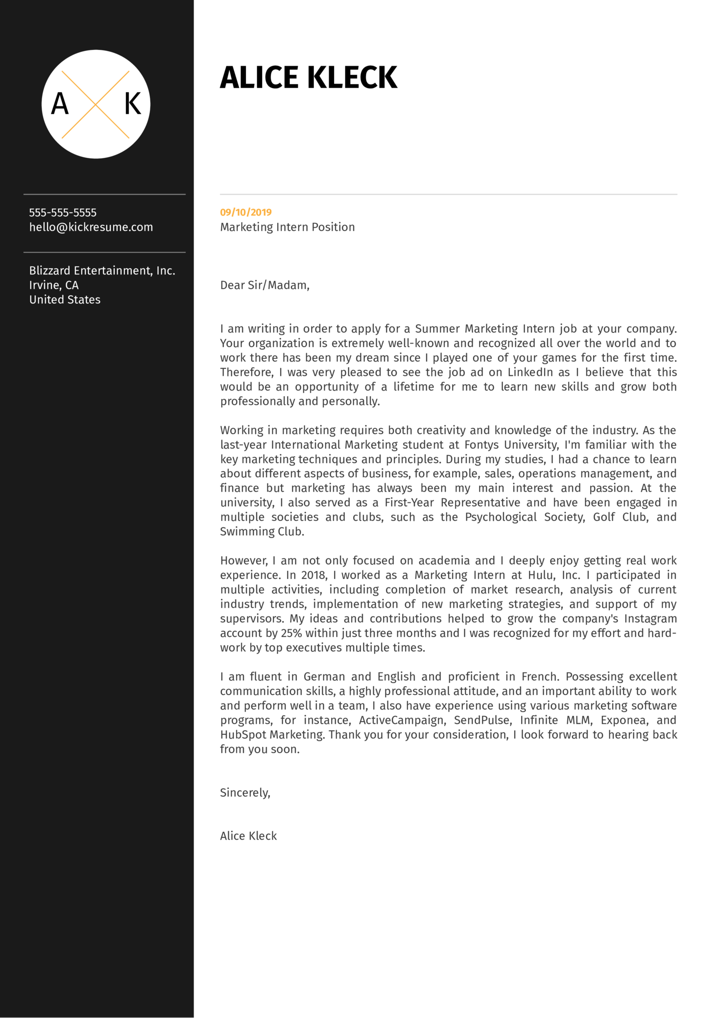 Marketing intern cover letter sample