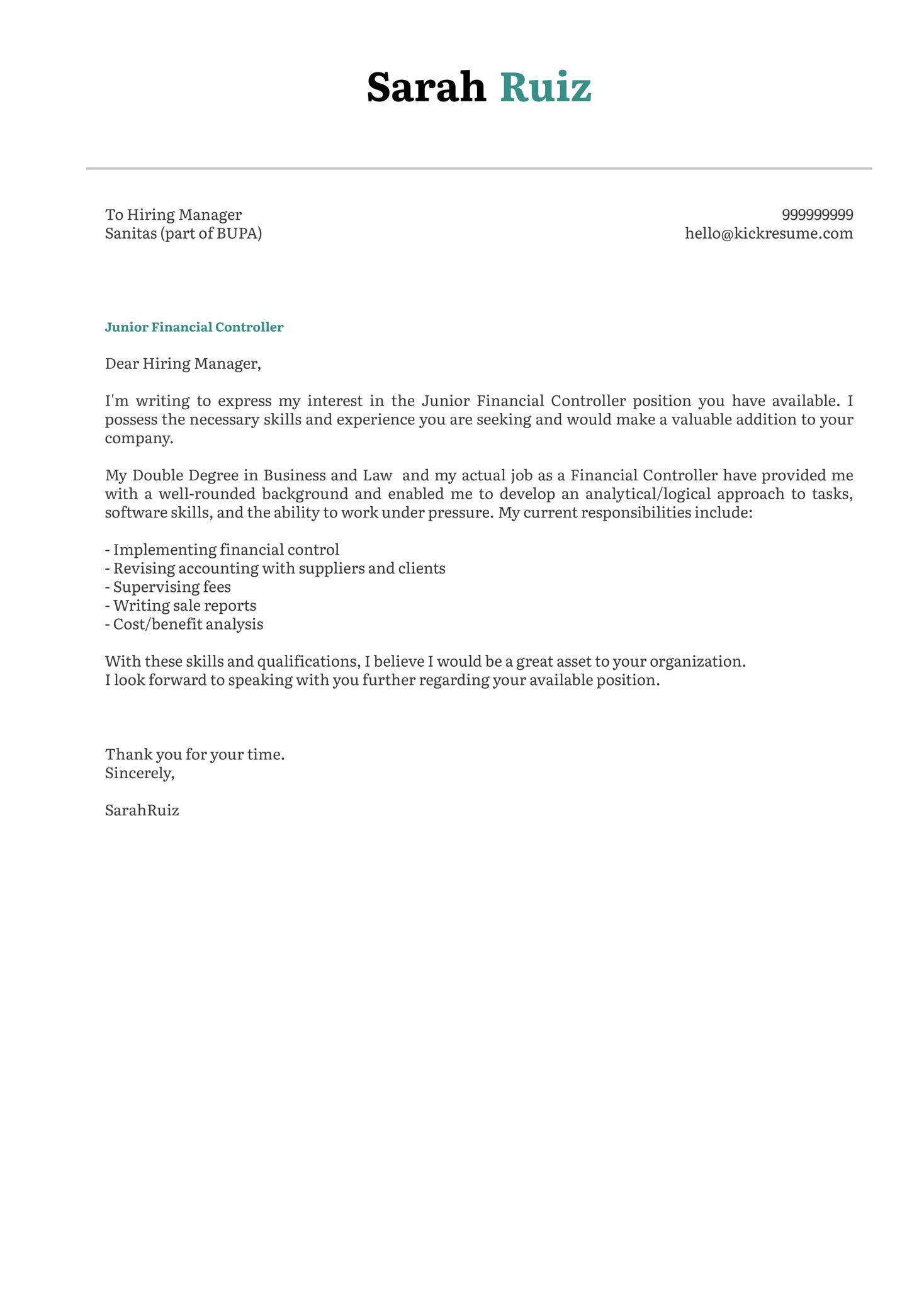 Junior Financial Controller Cover Letter