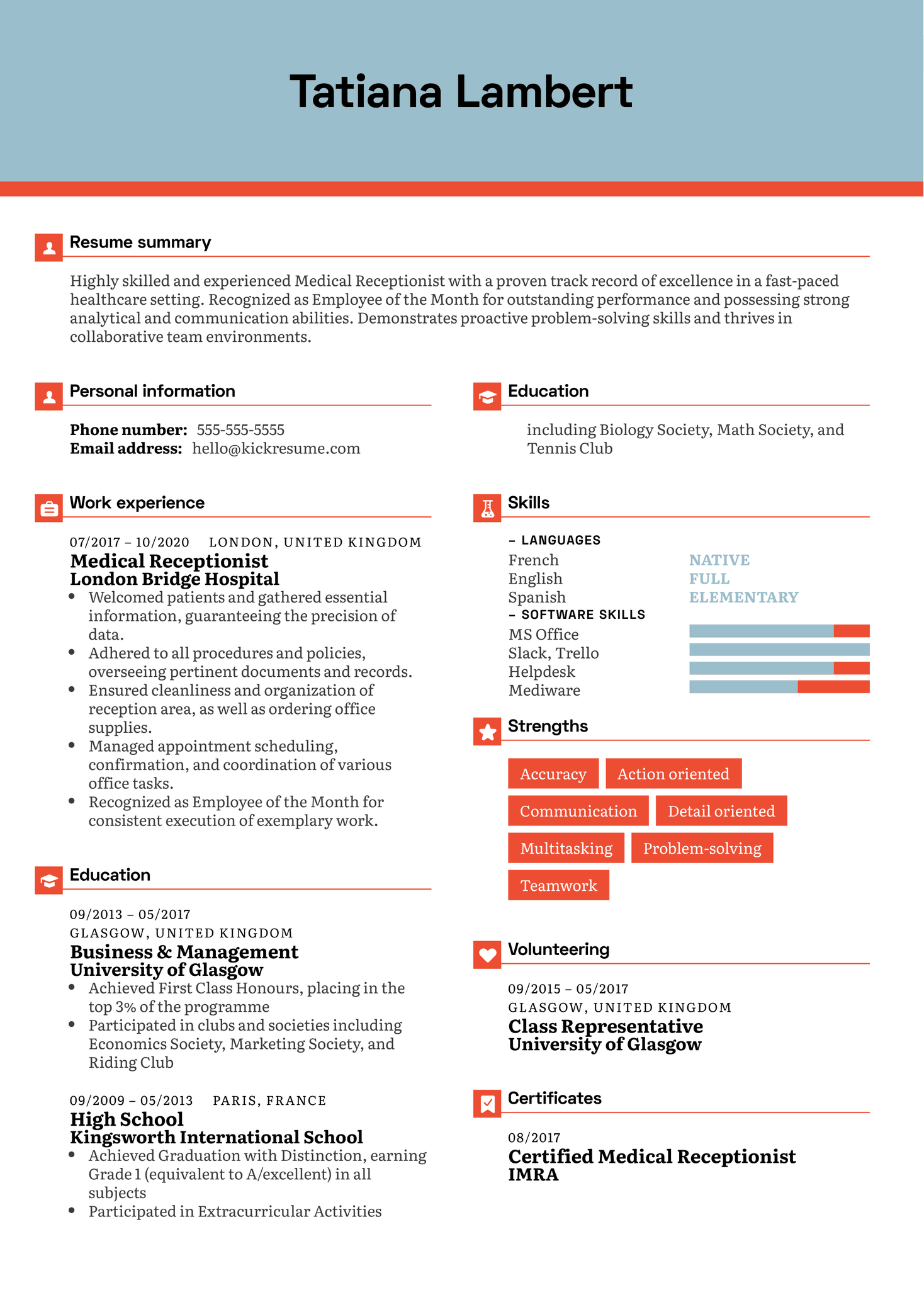 Medical Receptionist Resume Sample