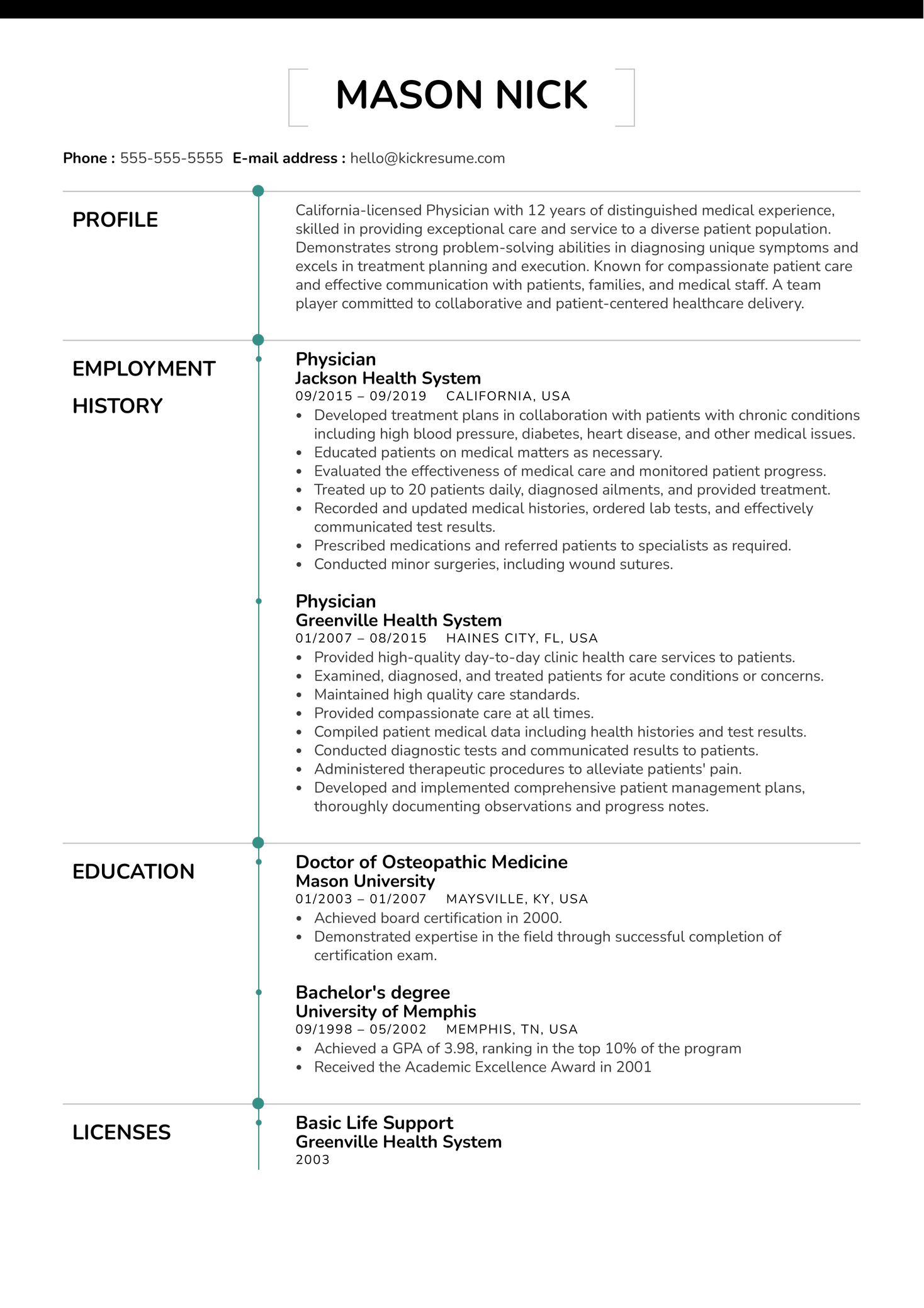 Physician Resume Example