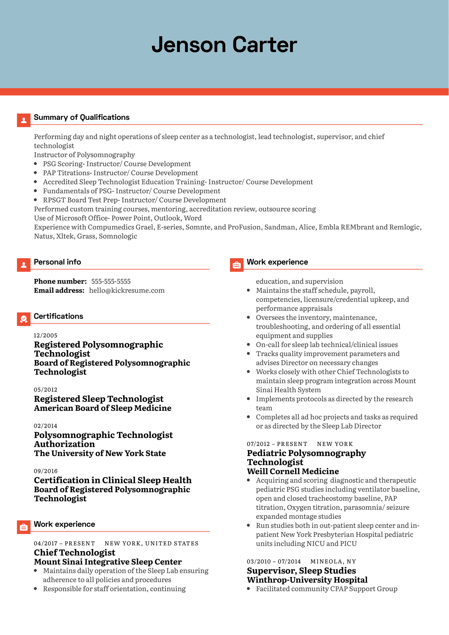 Mount Sinai Hospital Sleep Study Director Resume Example