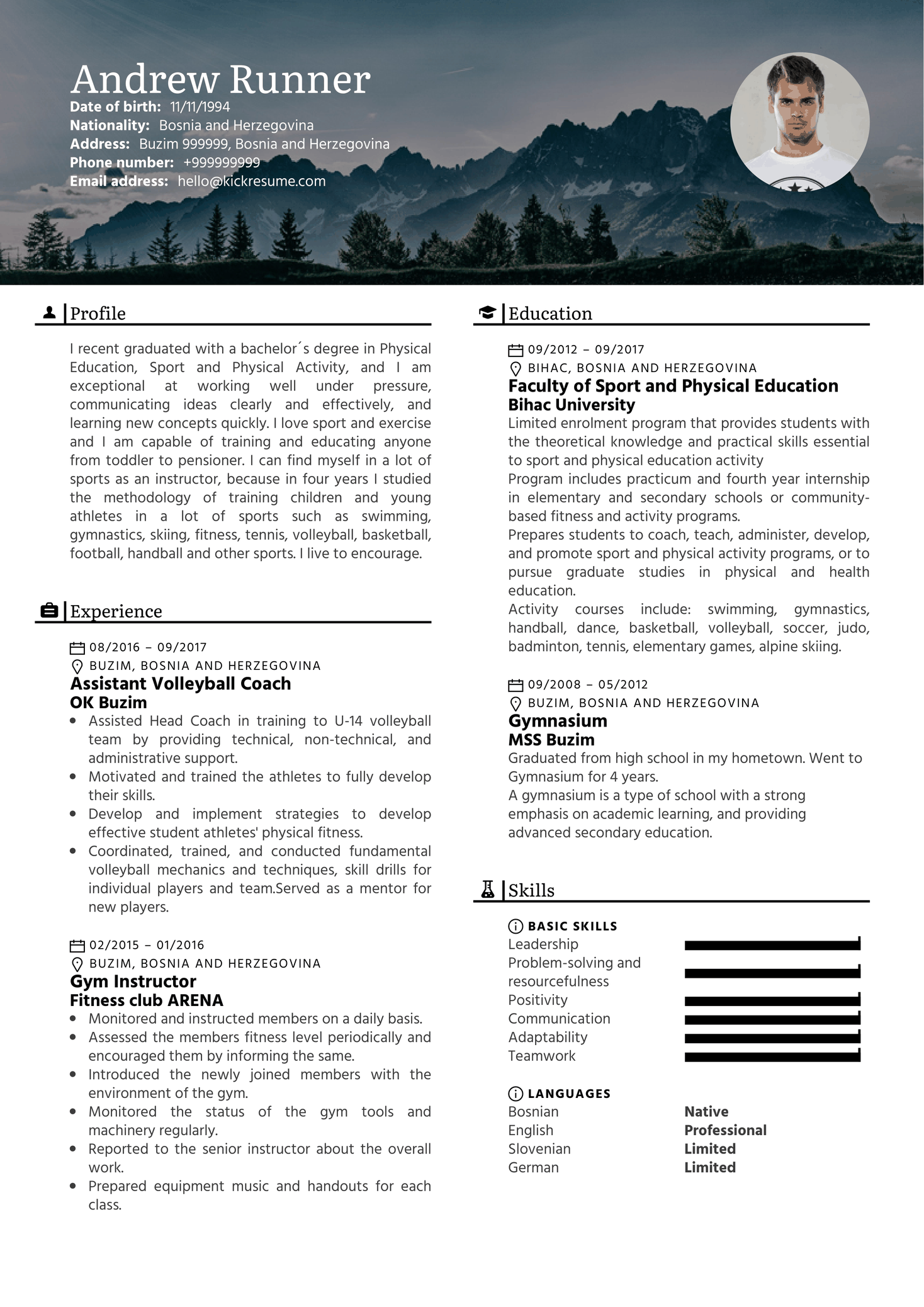 Fitness Instructor, Assistant Coach Resume Sample