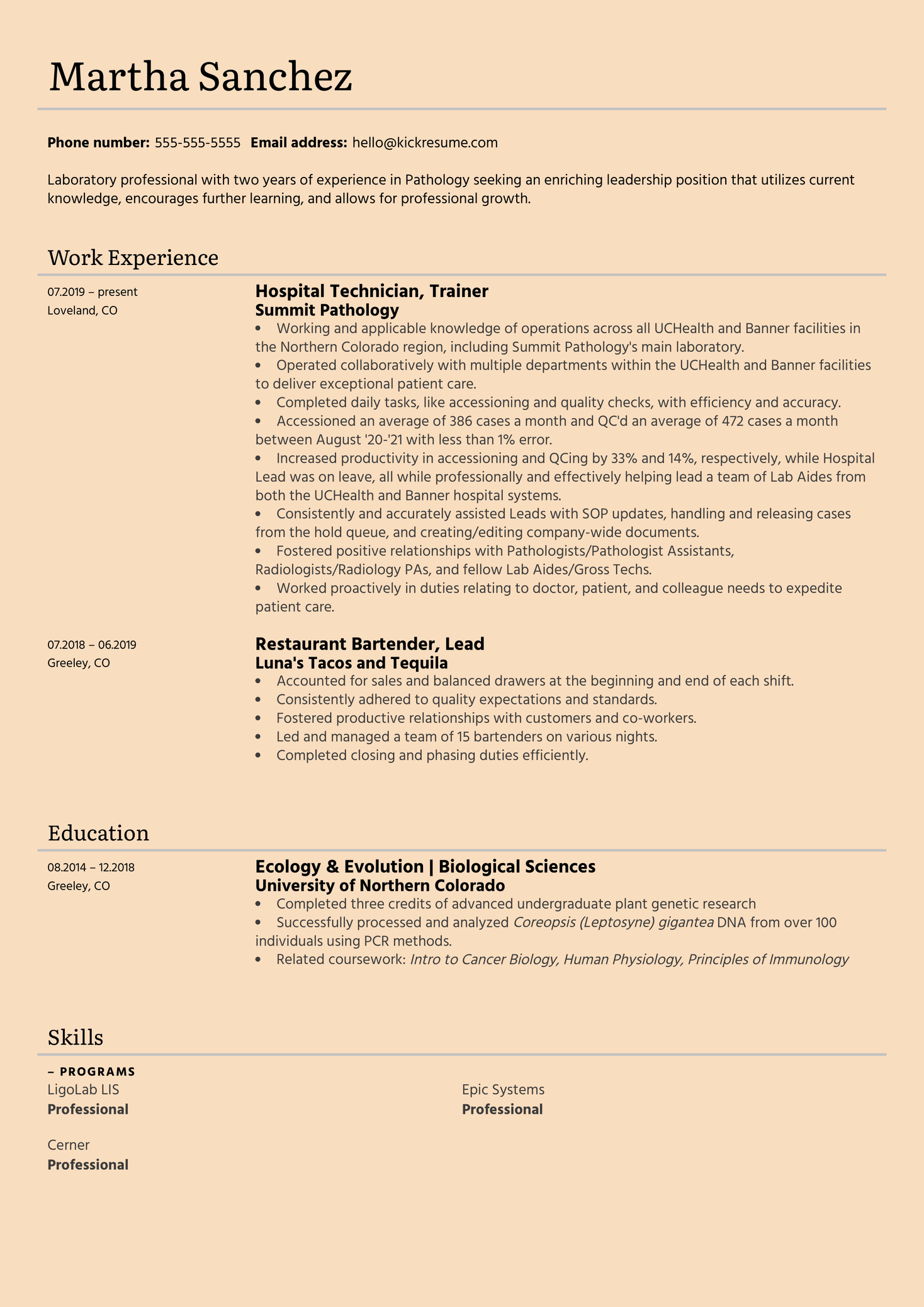 Hospital Lab Tech Lead at Summit Pathology Resume Sample