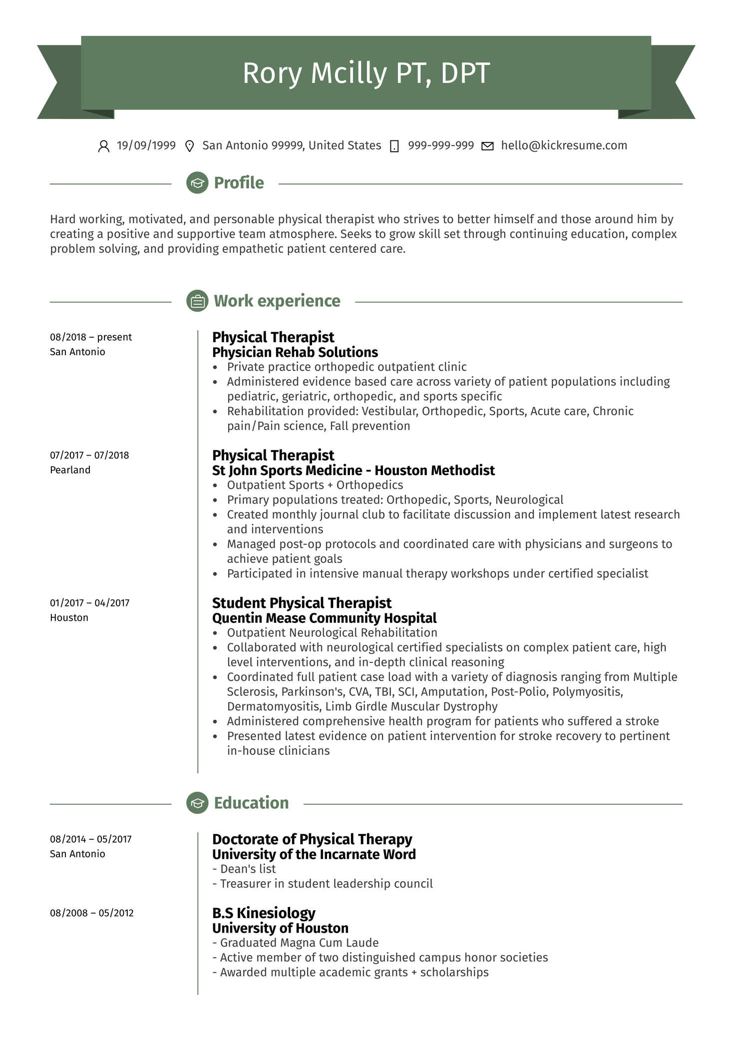 Physical Therapist in Pediatric Centre CV Example