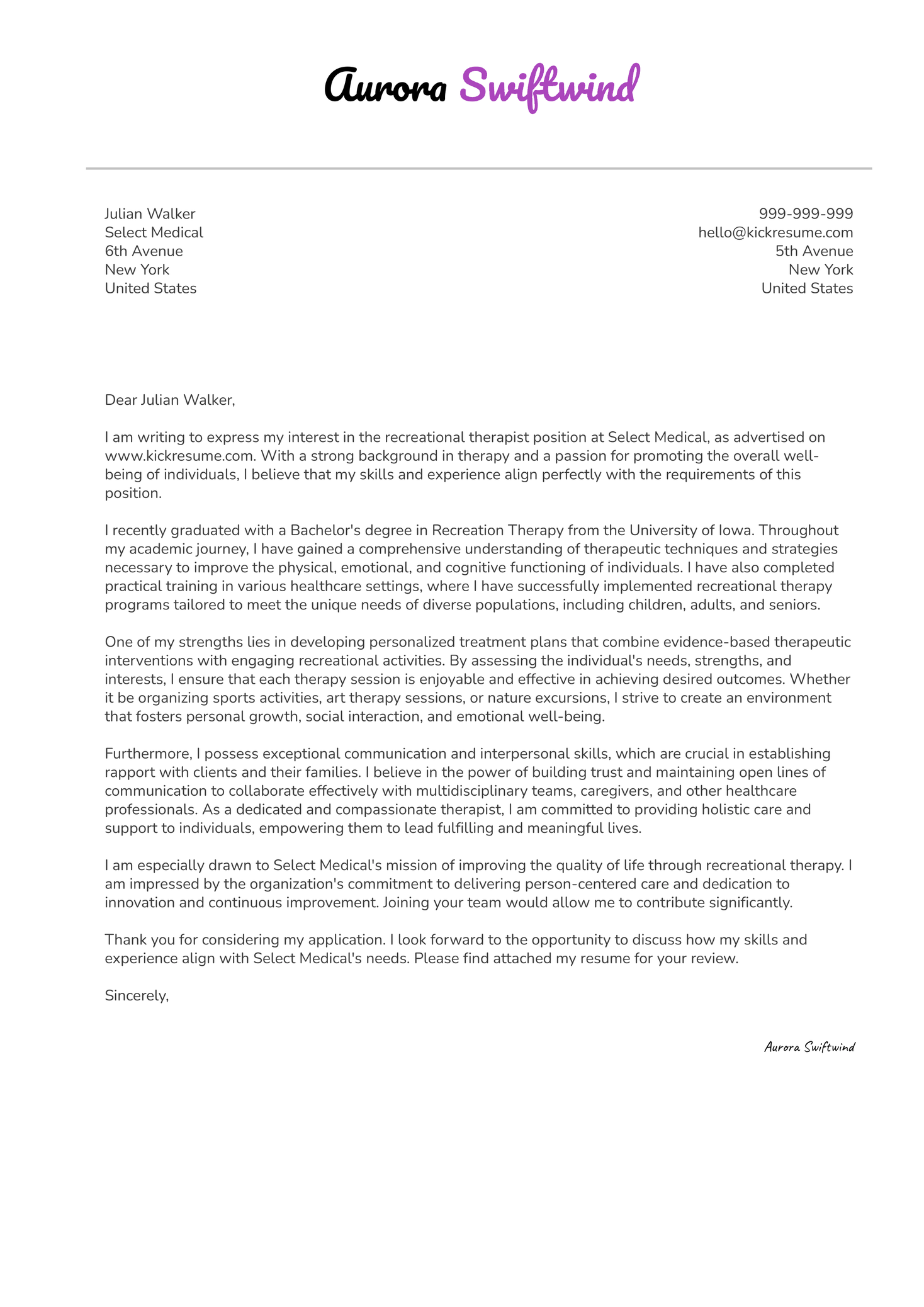 Recreational Therapist Cover Letter Sample