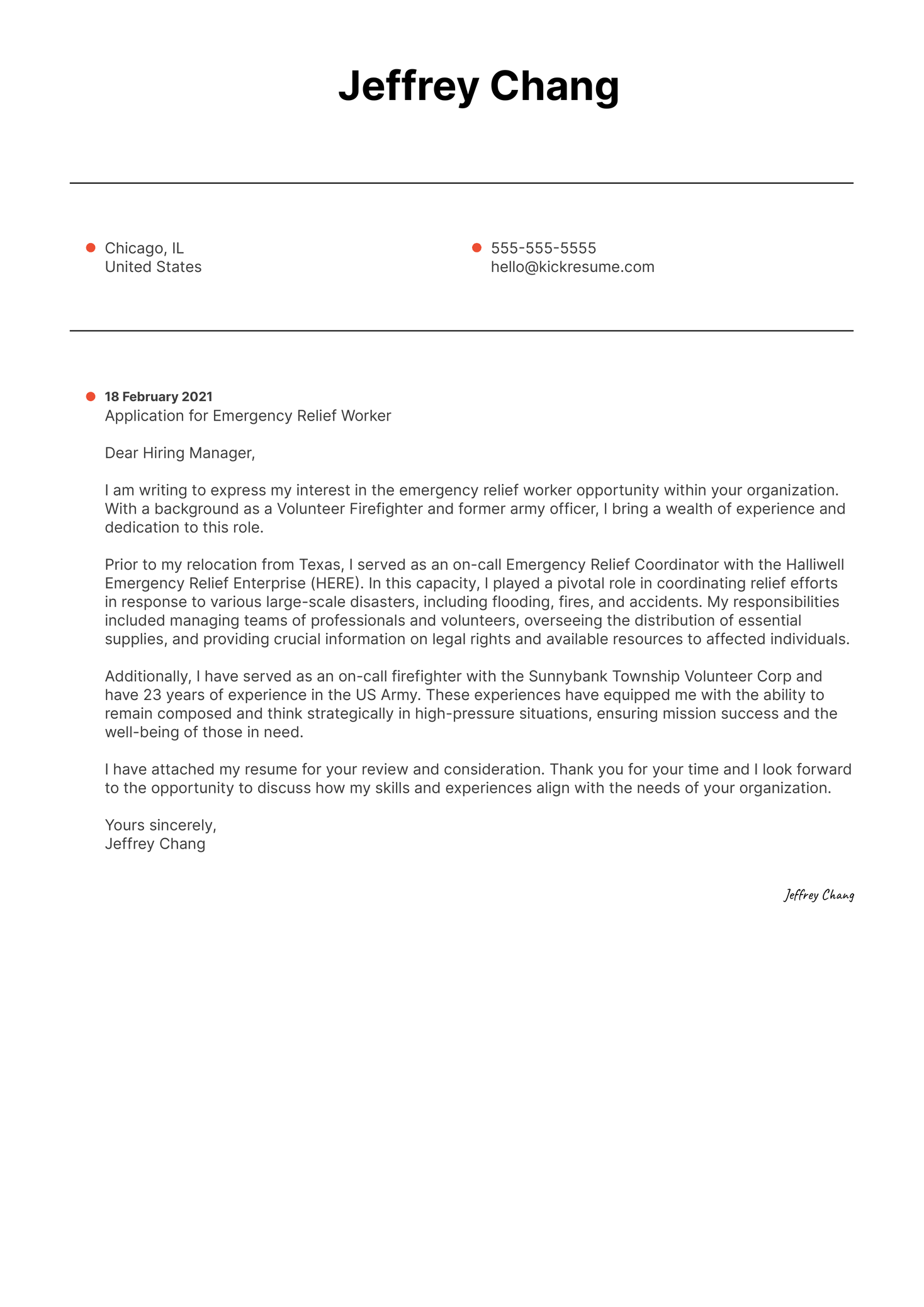 Emergency Relief Worker Cover Letter Sample