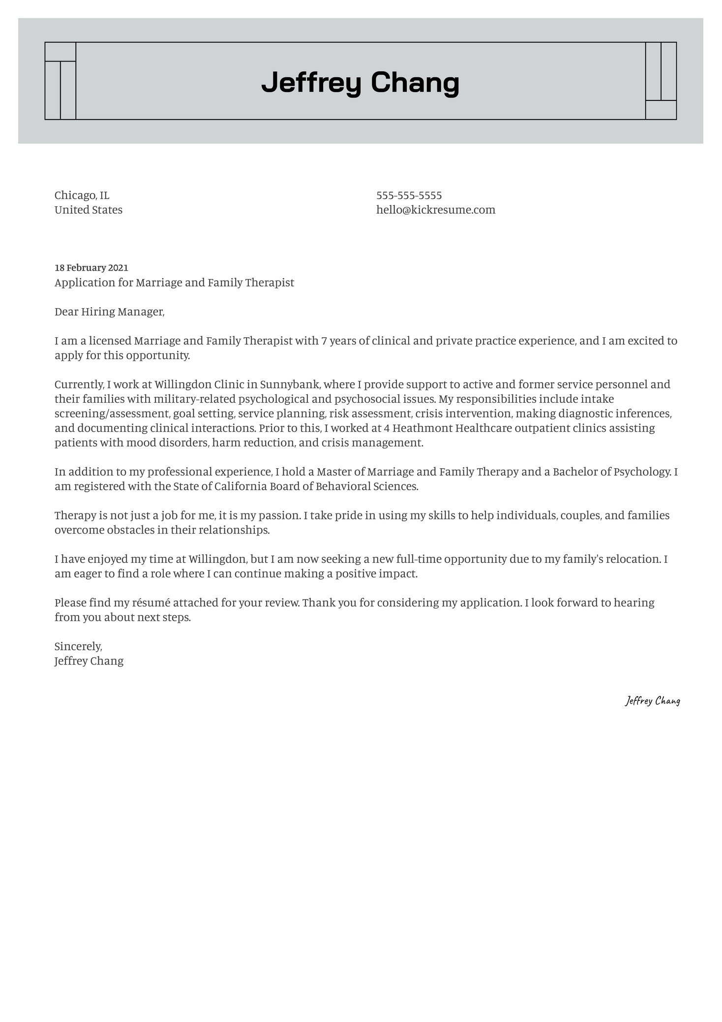 Marriage and Family Therapist Cover Letter Sample