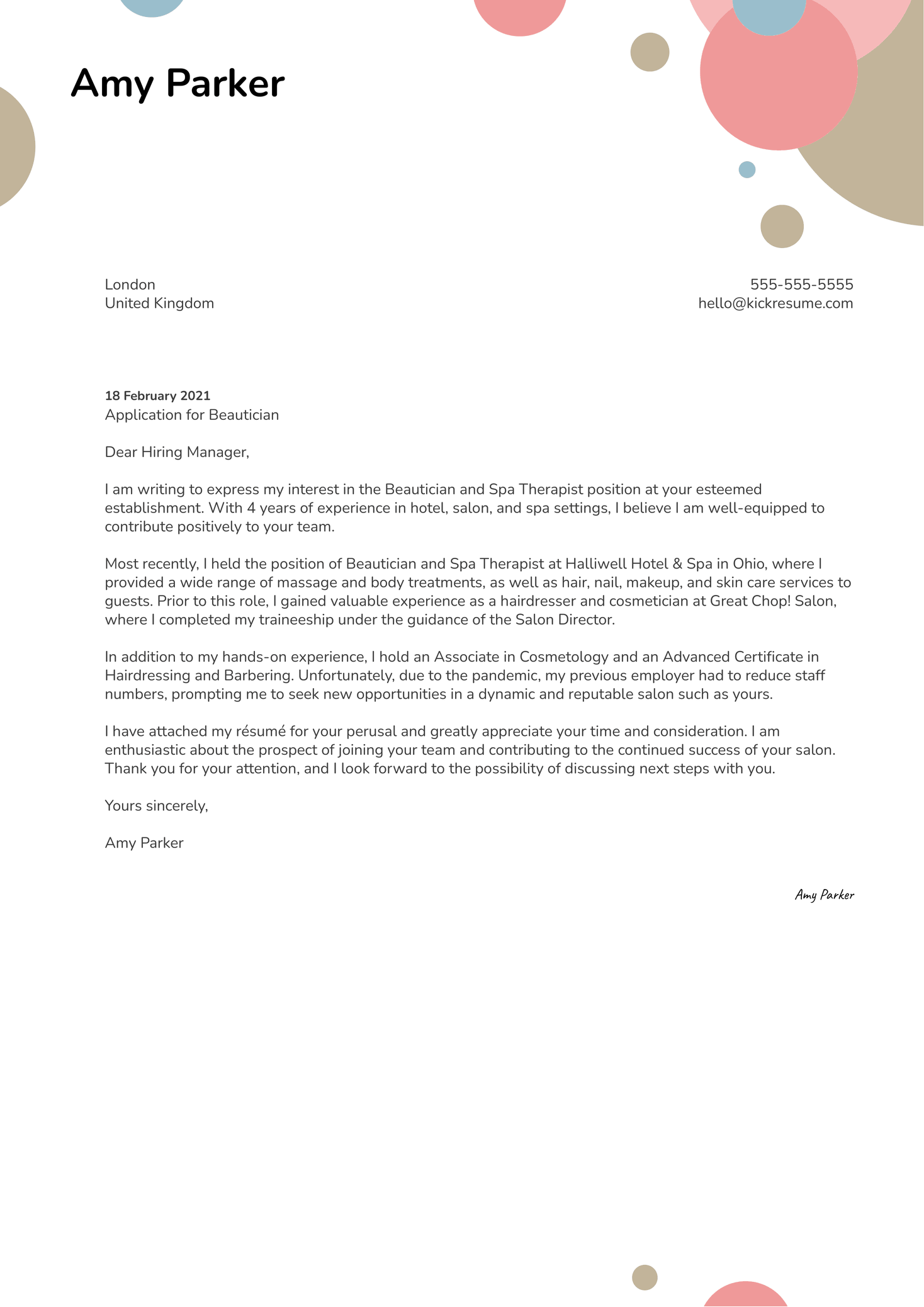 Beautician Cover Letter Sample