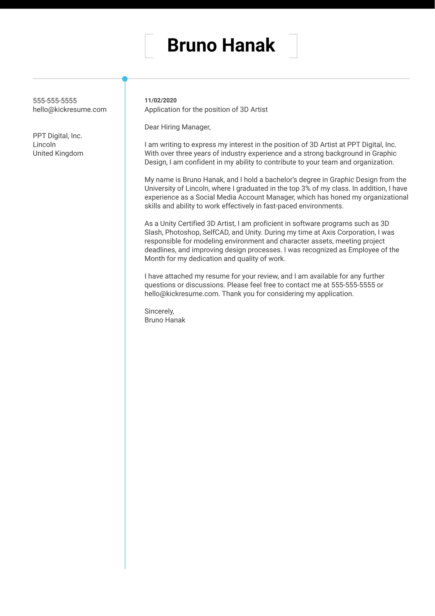 3D Artist Cover Letter Sample