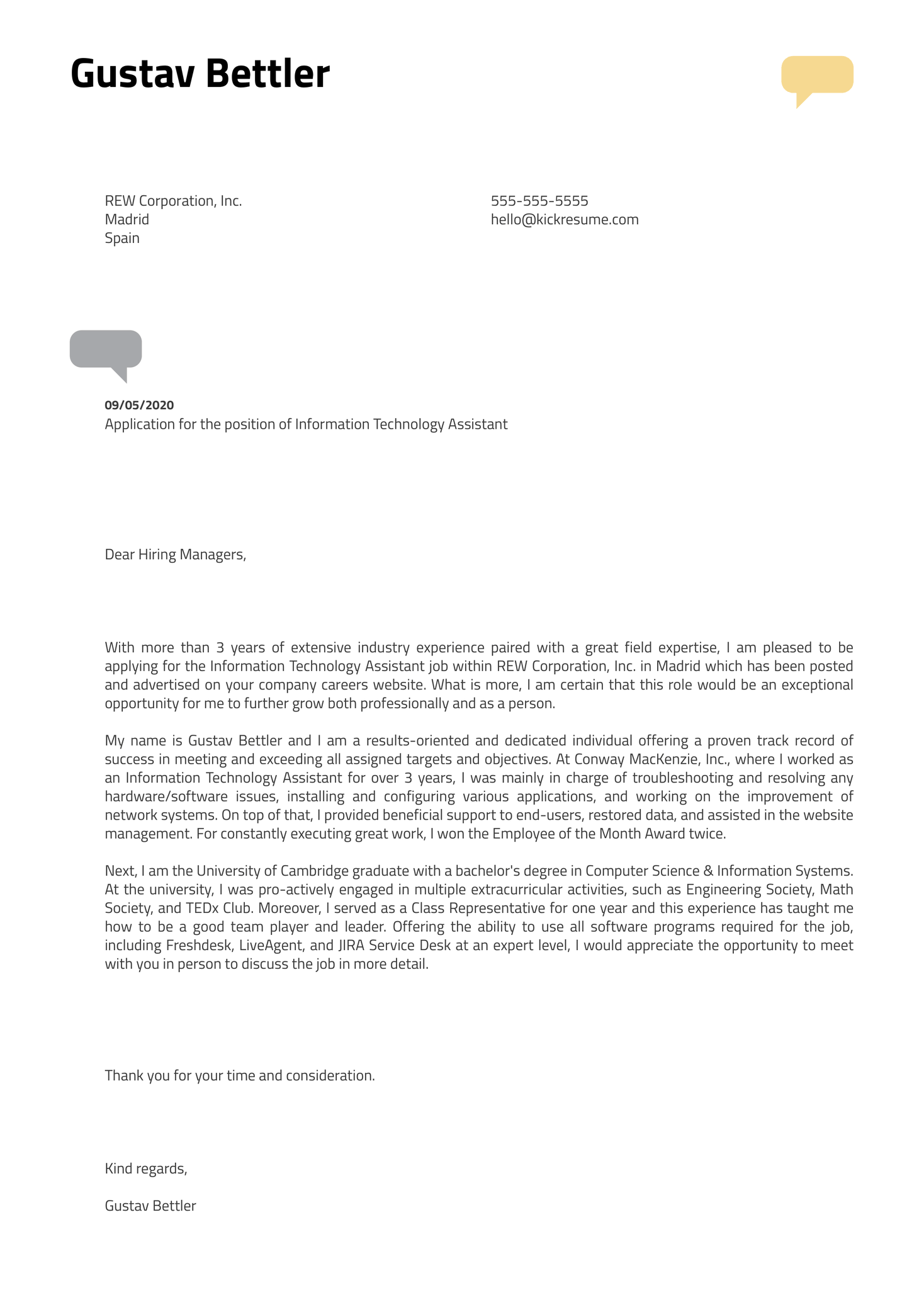 Information Technology Assistant Cover Letter Sample