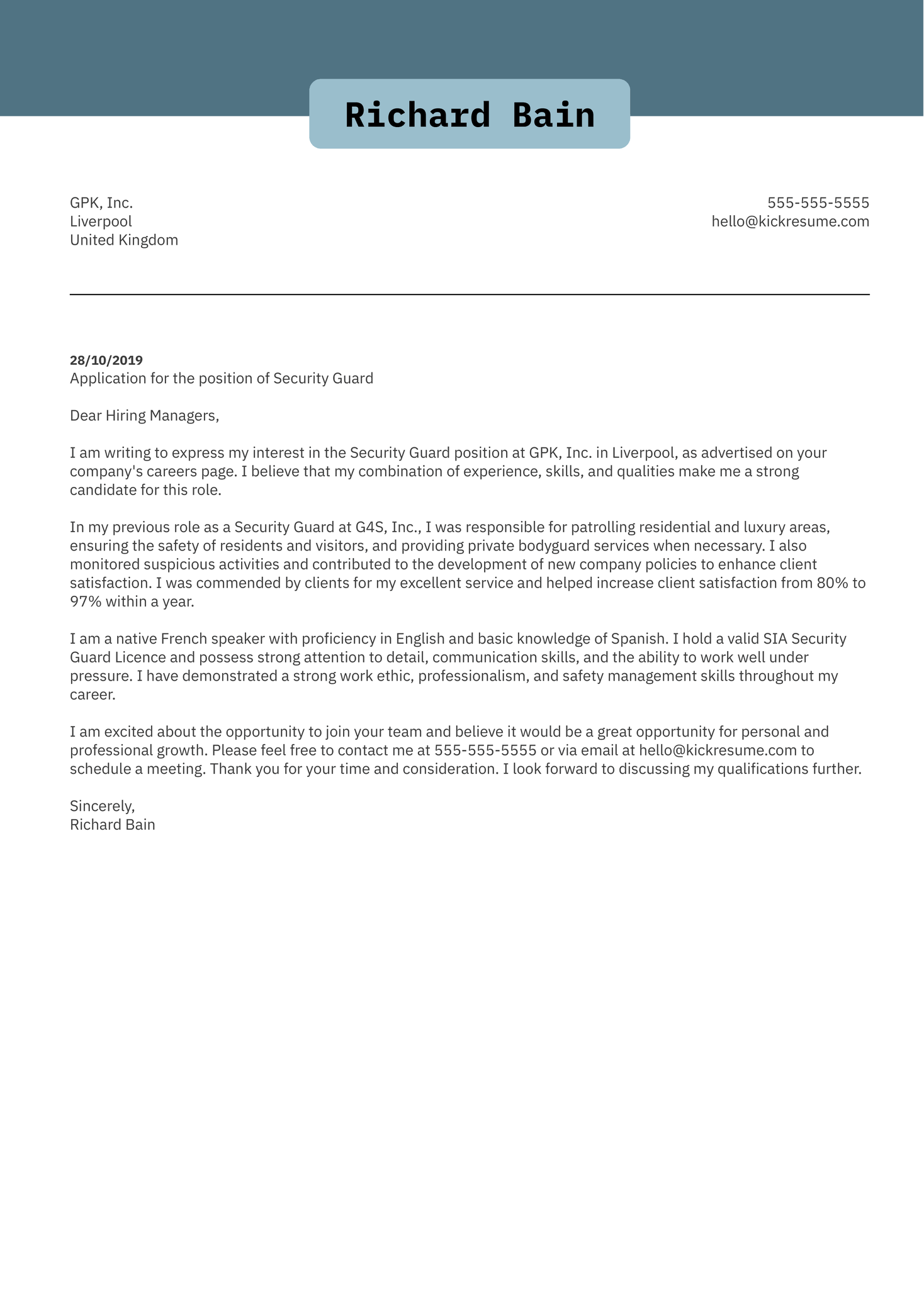 Security Guard Cover Letter Sample