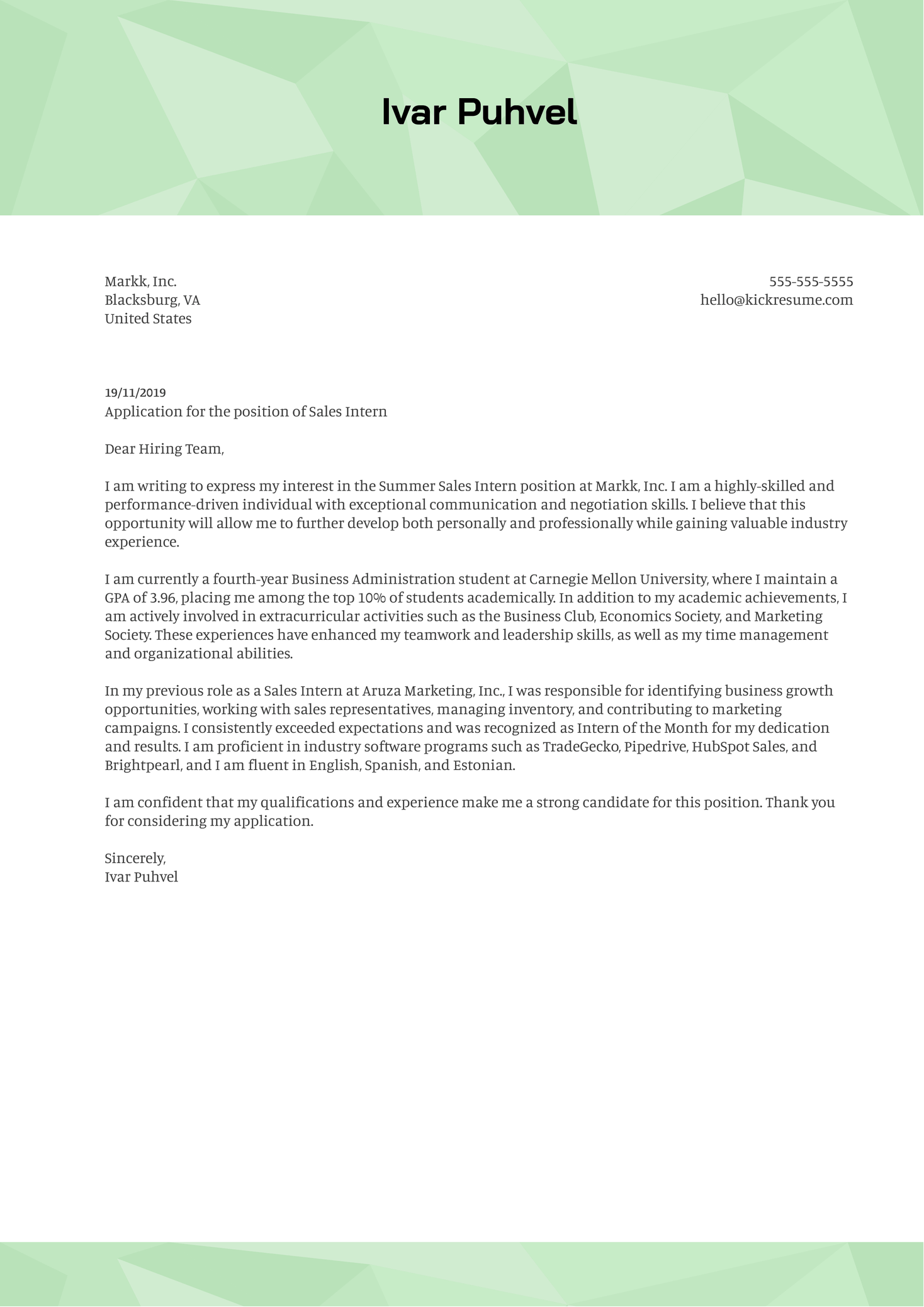 Sales Intern Cover Letter Example