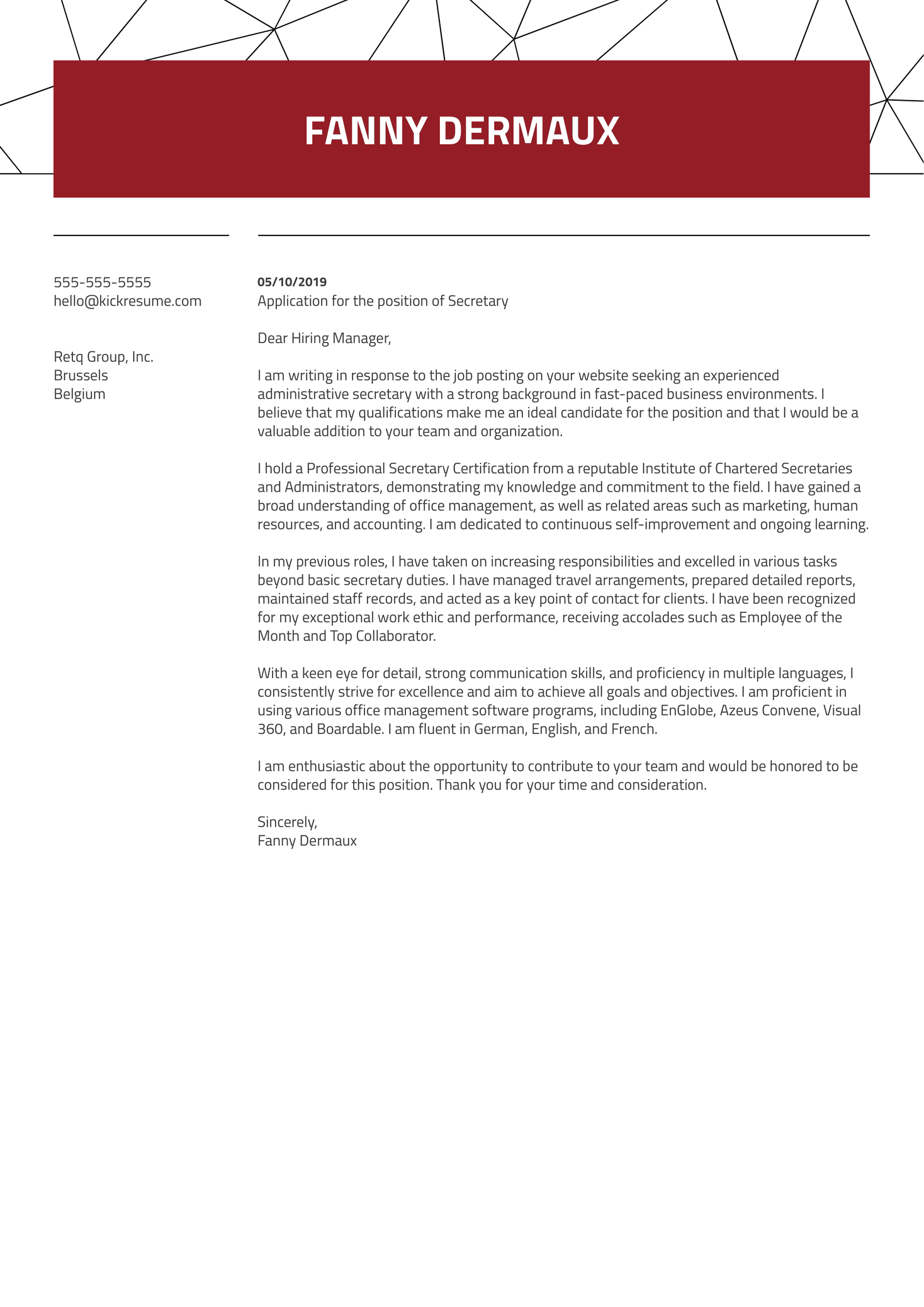 Secretary Cover Letter Sample