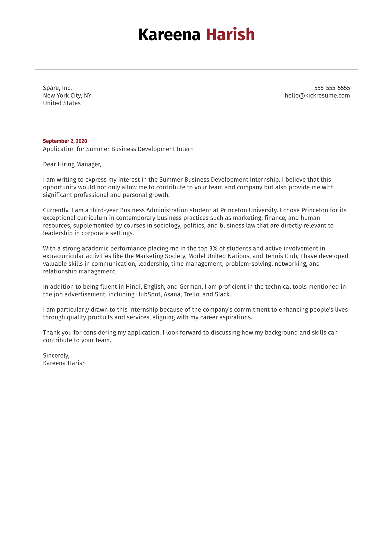 Business Development Intern Cover Letter Example